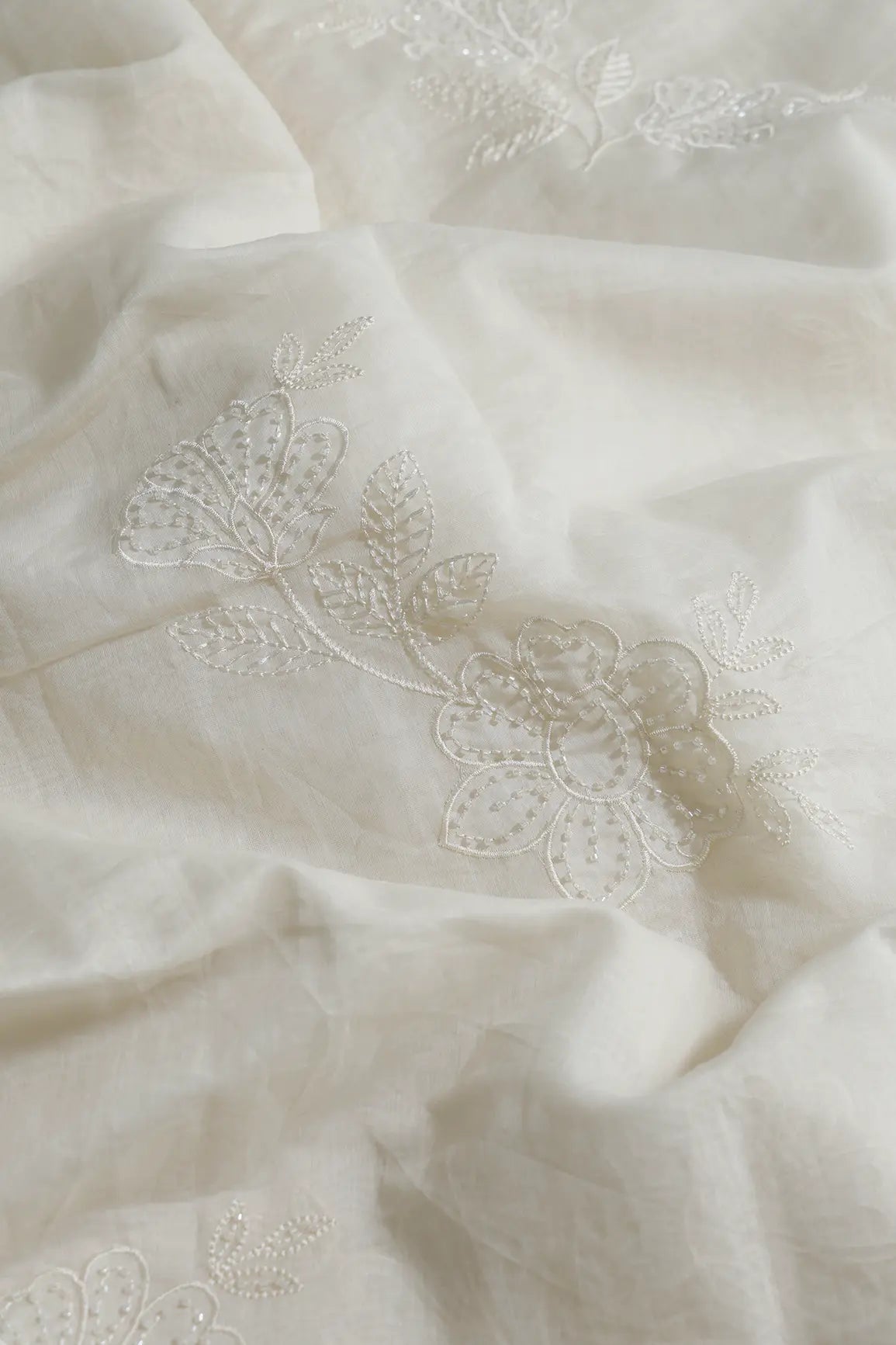 Beautiful Patch Work With Beads Embroidery On White Dyeable Pure Mul Chanderi Silk Fabric