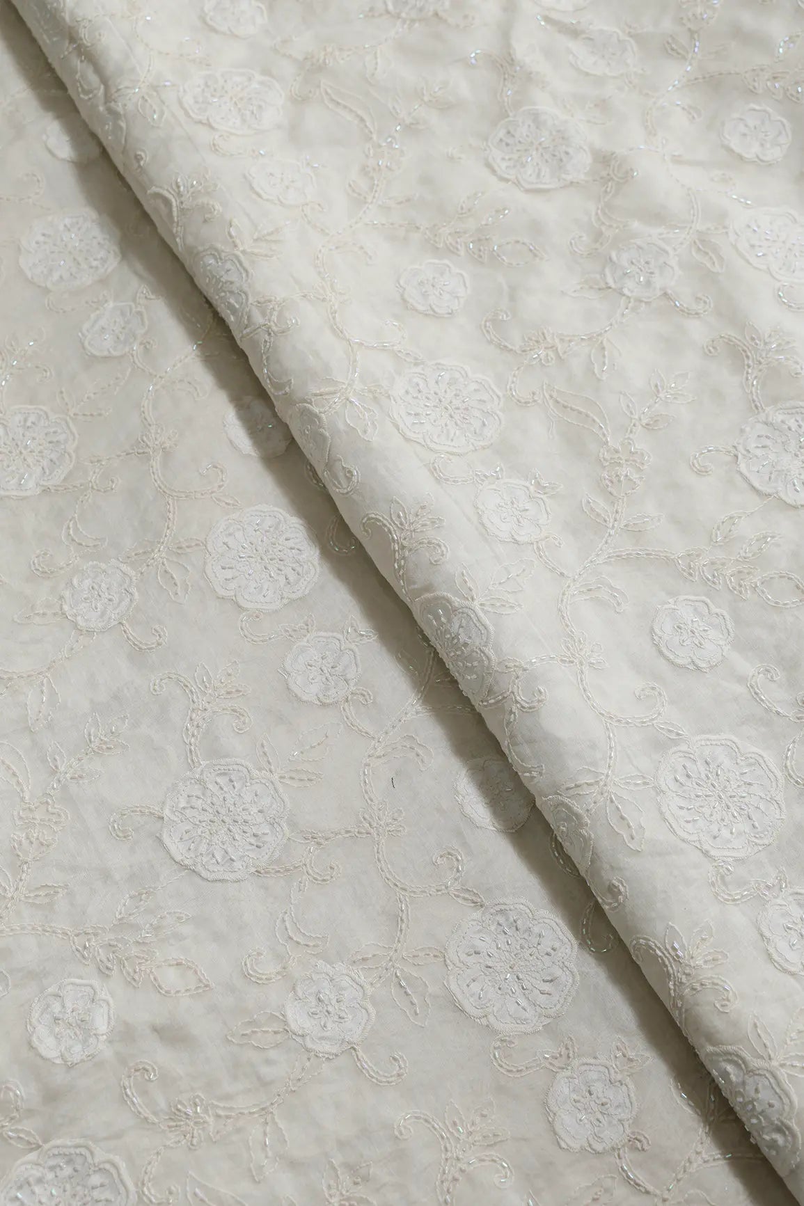 Beautiful Heavy Patch Work With Beads Floral Embroidery Design On Off White Pure Mul Chanderi Silk Fabric