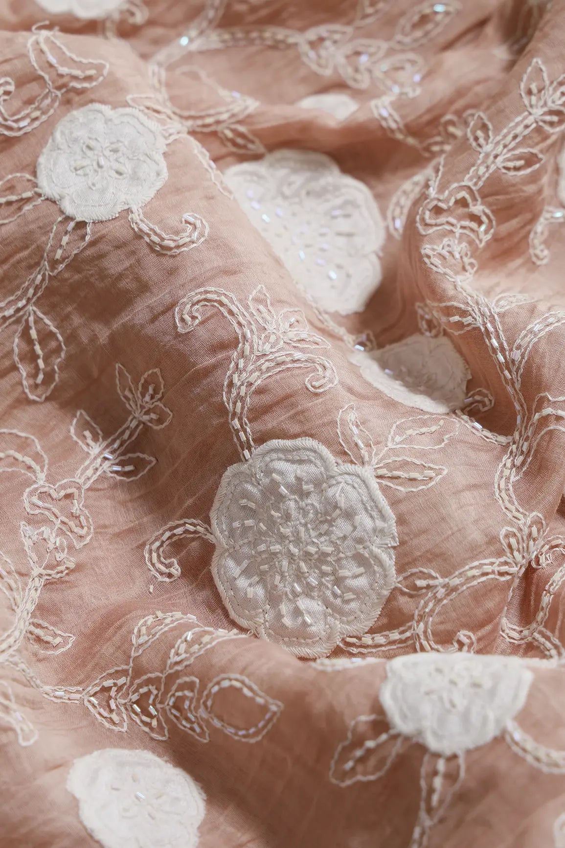 Beautiful Heavy Patch Work With Beads Floral Embroidery Design On Peach Pure Mul Chanderi Silk Fabric