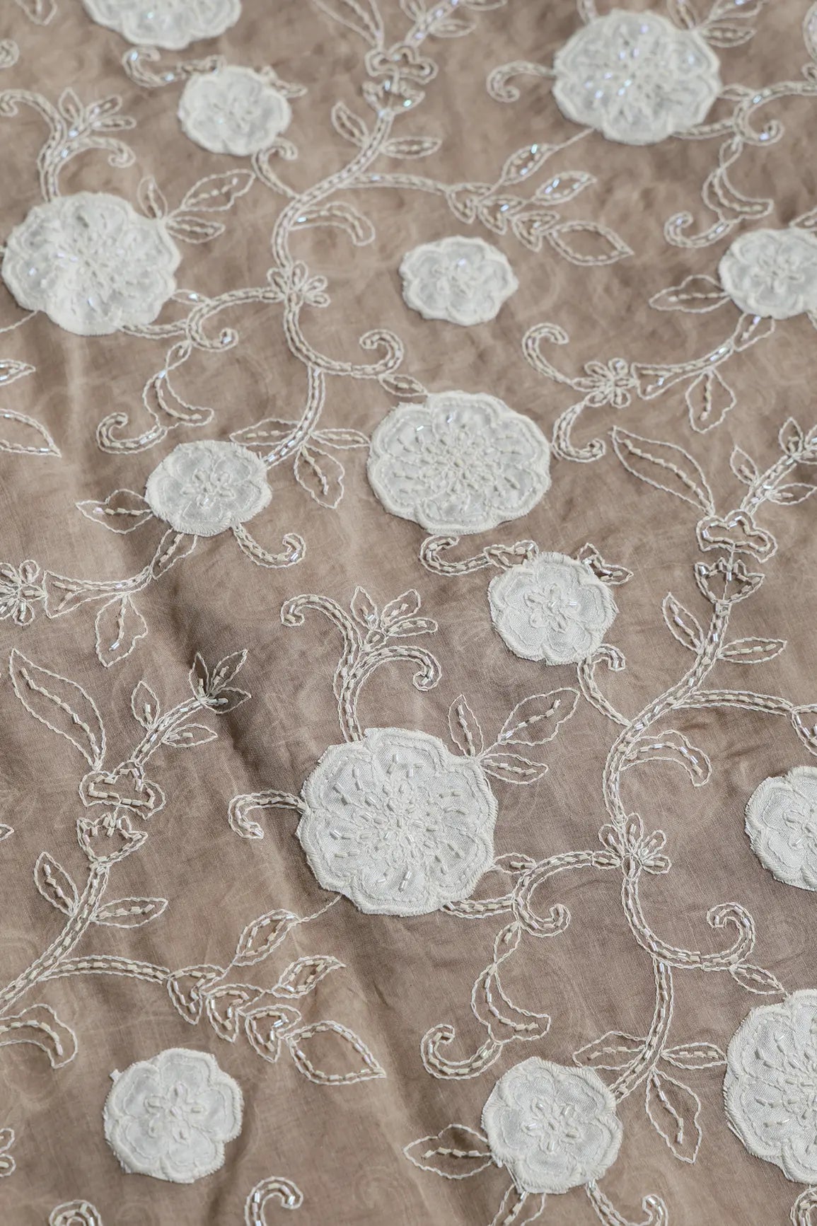 Beautiful Heavy Patch Work With Beads Floral Embroidery Design On Light Brown Pure Mul Chanderi Silk Fabric