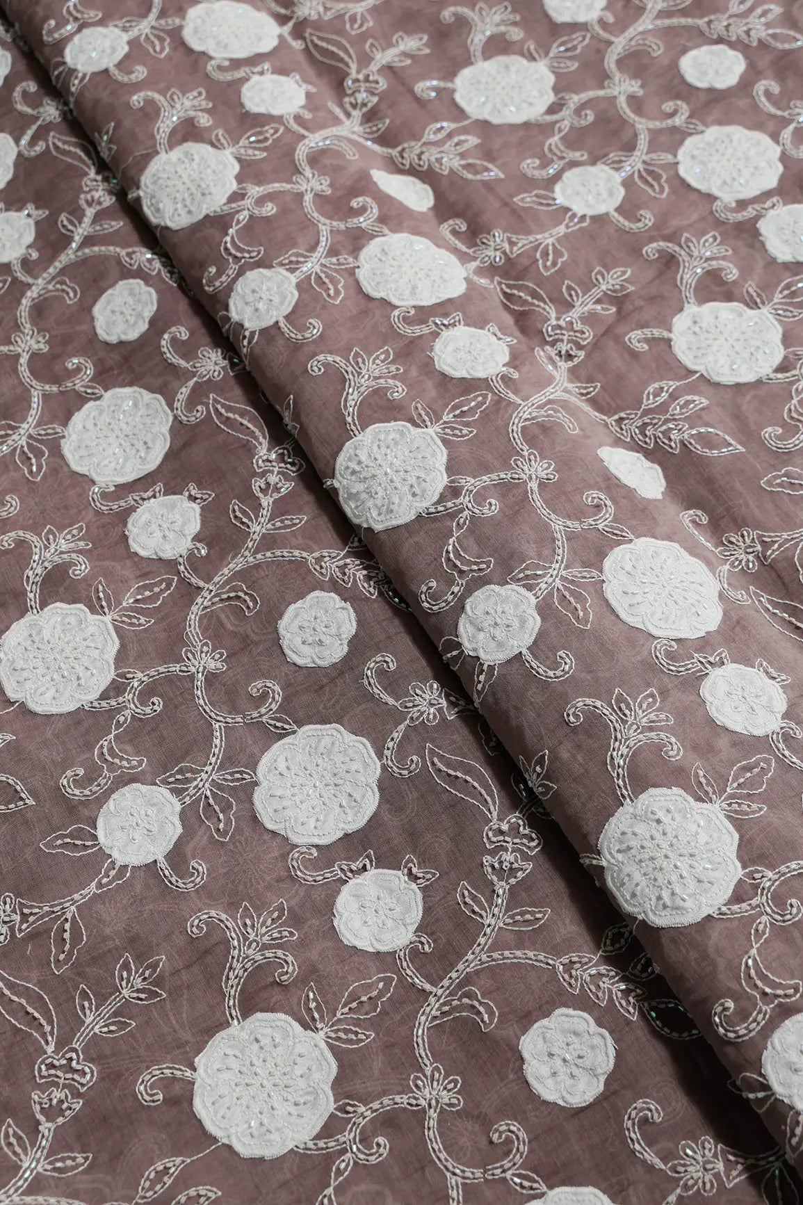 Beautiful Heavy Patch Work With Beads Floral Embroidery Design On Dark Mauve Pure Mul Chanderi Silk Fabric