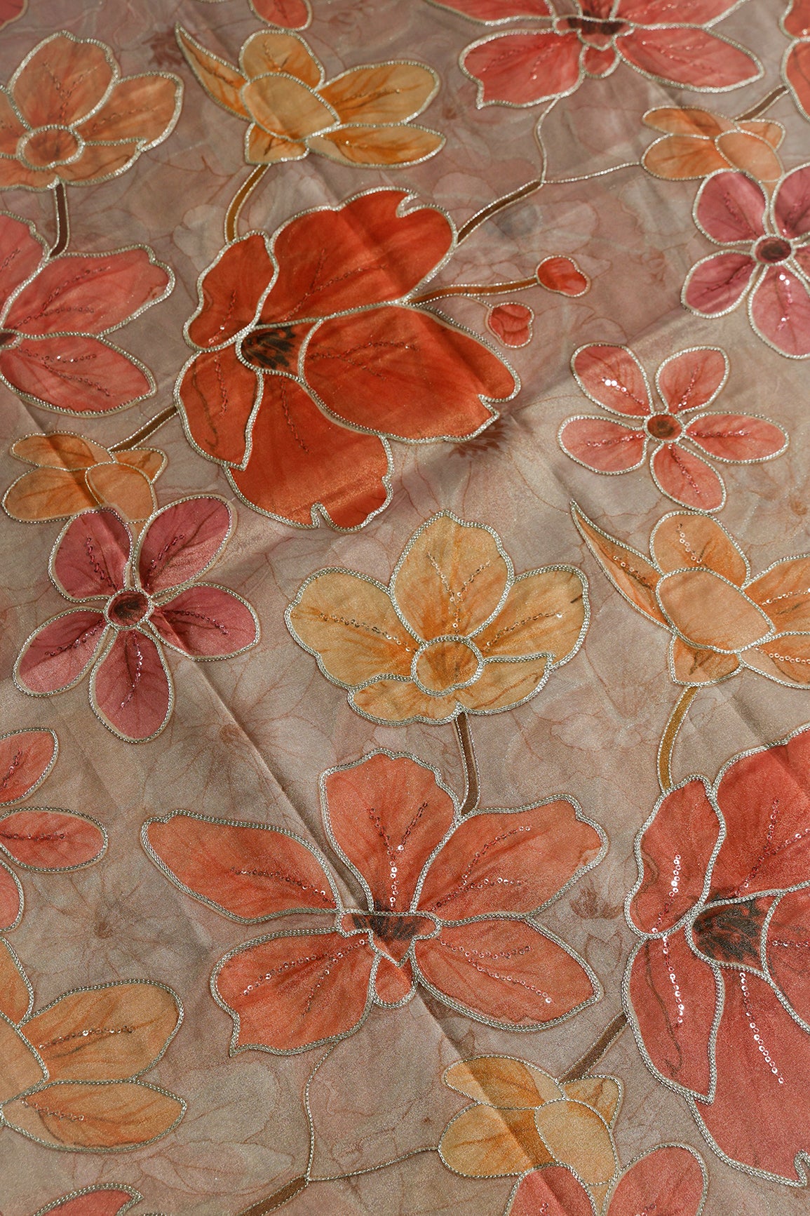 2 Meter Cut Piece Of Floral Positional Print On Sequins With Zari Embroidery On Light Brown Zari Tissue Fabric