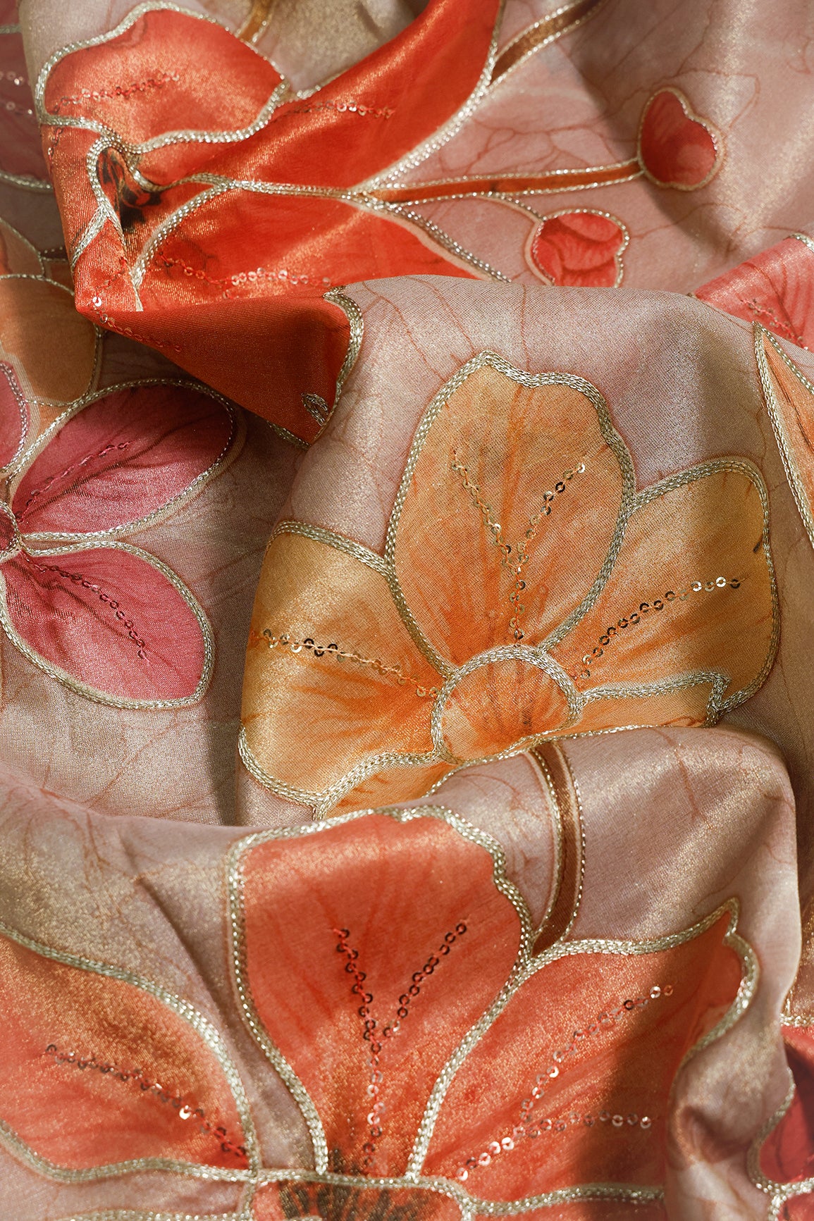 2 Meter Cut Piece Of Floral Positional Print On Sequins With Zari Embroidery On Light Brown Zari Tissue Fabric