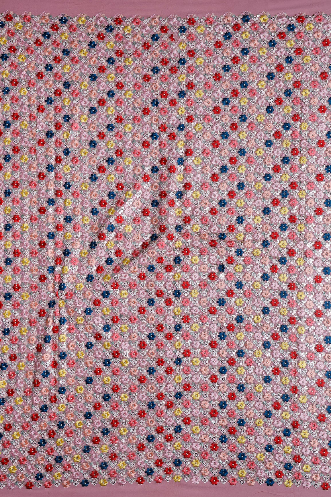 2 Meter Cut Piece Of Multi Color Thread With Sequins Fabulous Floral Embroidery On Gajri Viscose Georgette Fabric