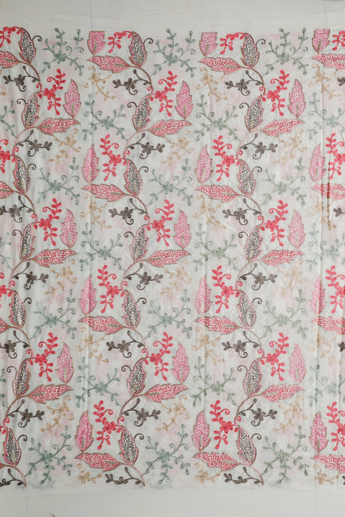 2 Meter Cut Piece Of Multi Thread Beautiful Heavy Leafy Kashmiri Embroidery Work On Off White Organic Cotton Fabric