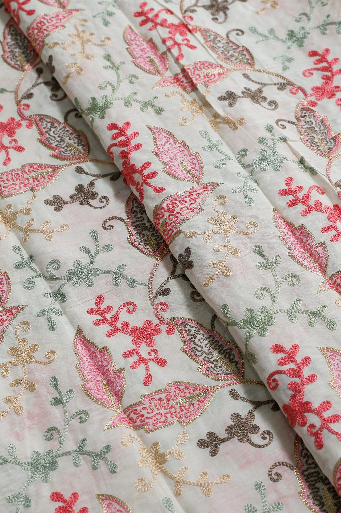 2 Meter Cut Piece Of Multi Thread Beautiful Heavy Leafy Kashmiri Embroidery Work On Off White Organic Cotton Fabric