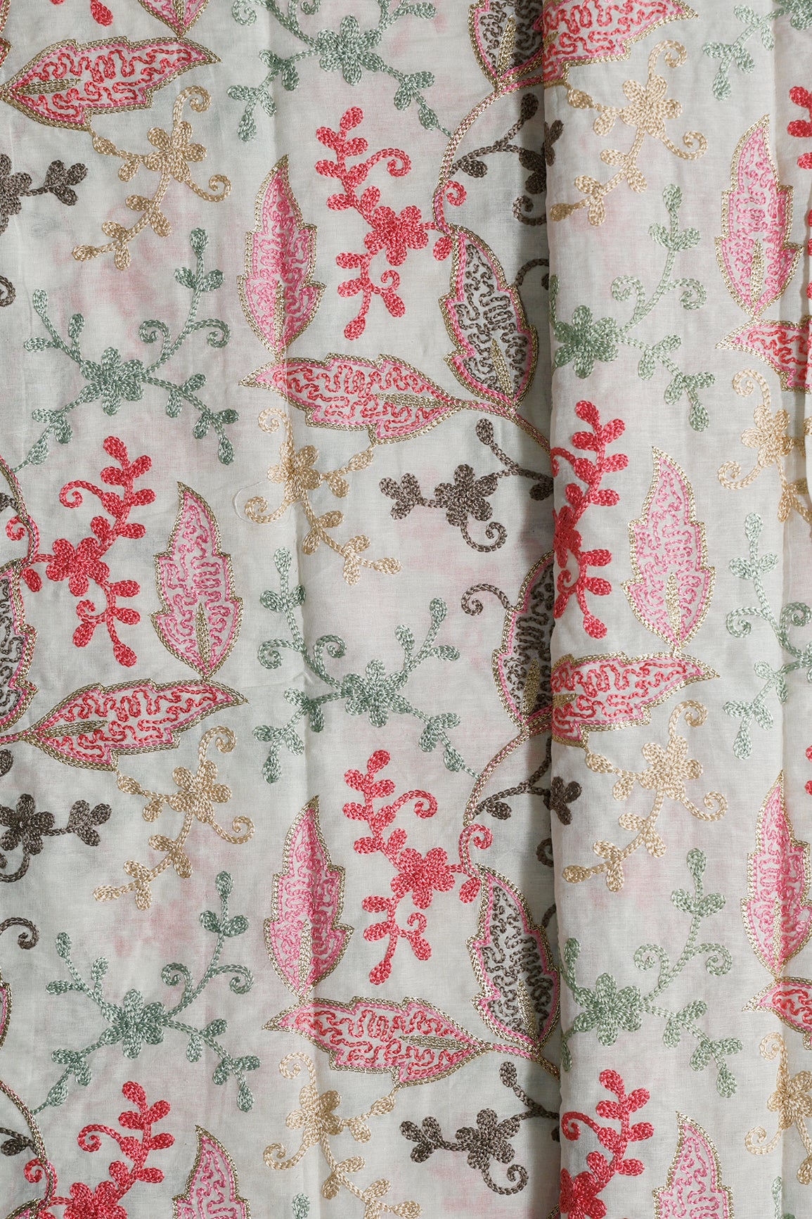 2 Meter Cut Piece Of Multi Thread Beautiful Heavy Leafy Kashmiri Embroidery Work On Off White Organic Cotton Fabric