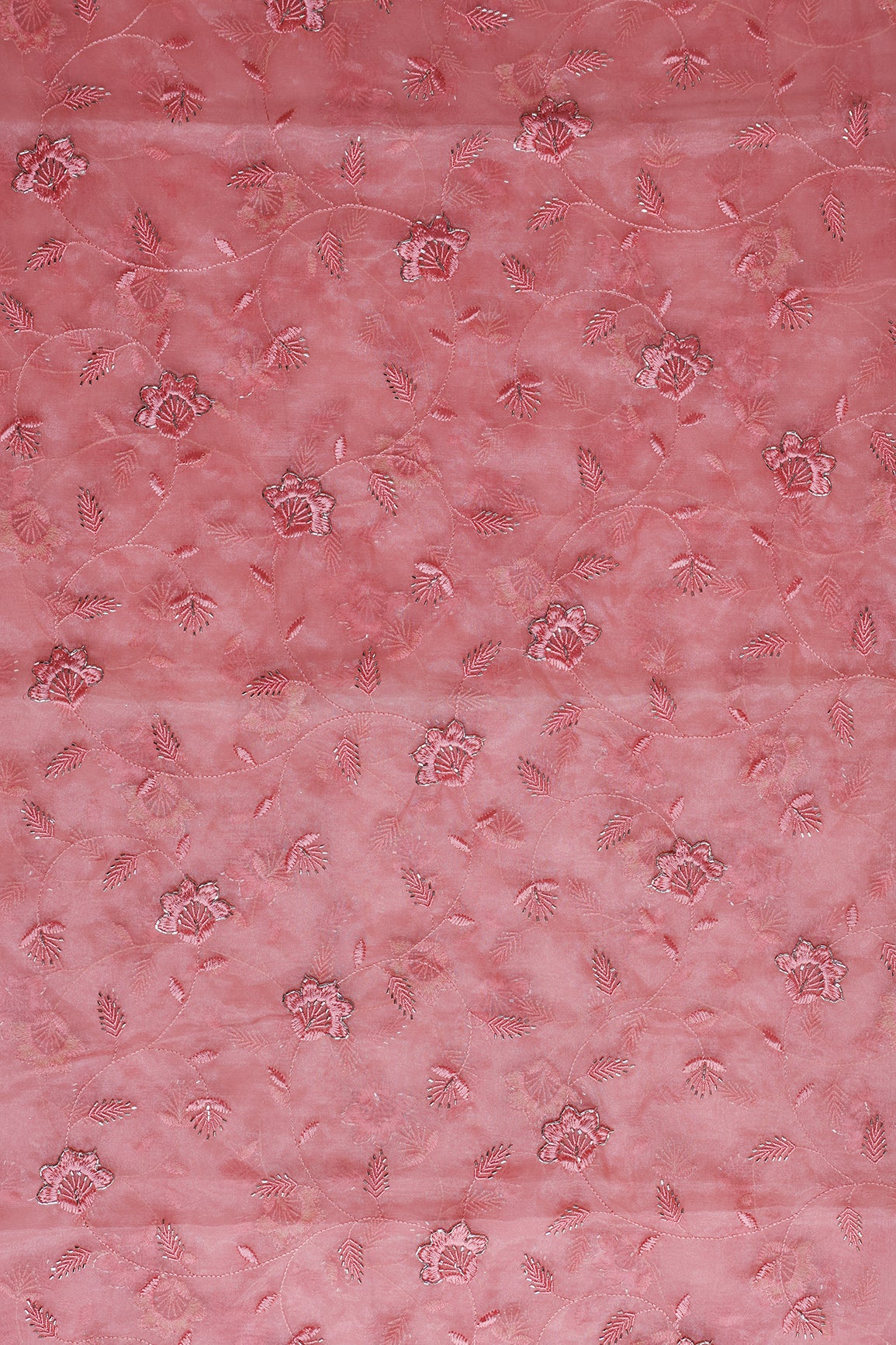 2 Meter Cut Piece Of Pink Thread With Beads Floral Embroidery On Pink Organza Fabric