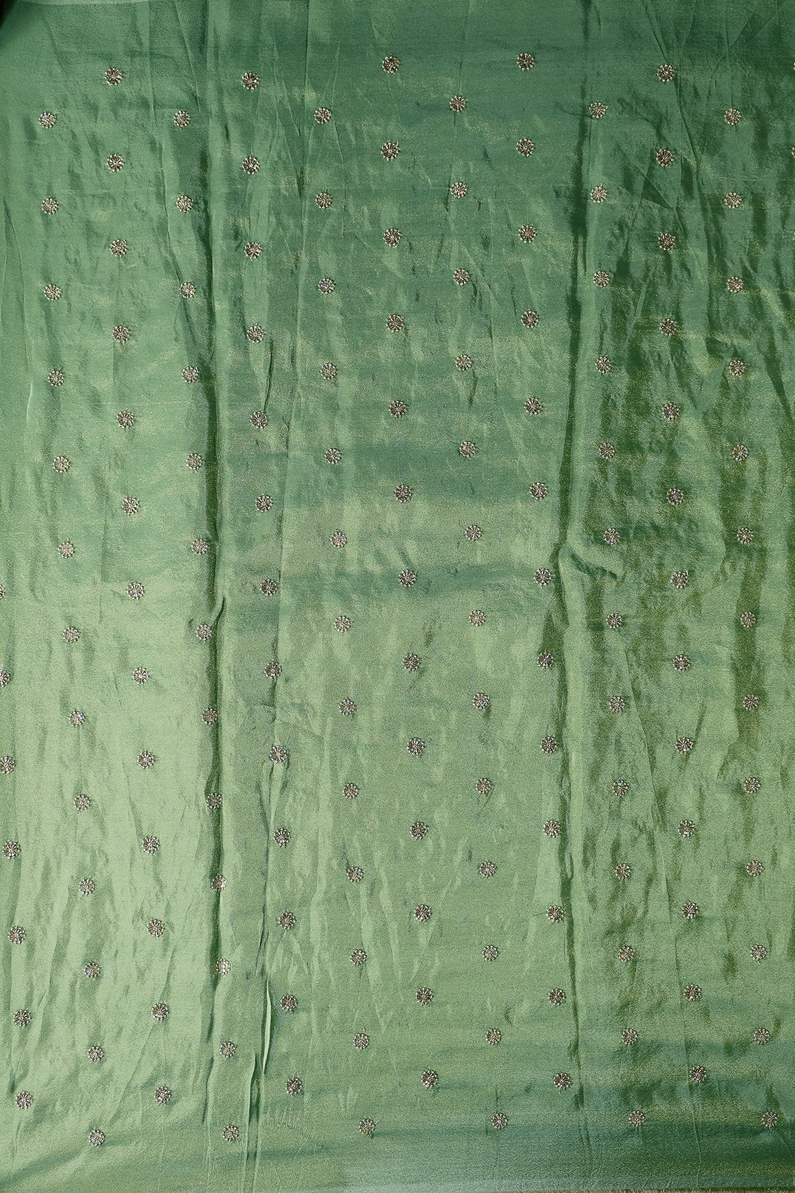 Multi Sequins & Beads With Zari Floral Butti Embroidery Work On Olive Viscose Zari Tissue Fabric