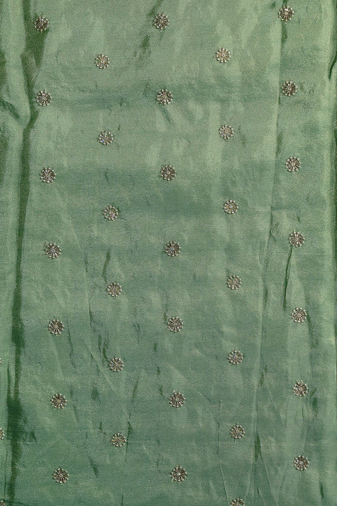 Multi Sequins & Beads With Zari Floral Butti Embroidery Work On Olive Viscose Zari Tissue Fabric