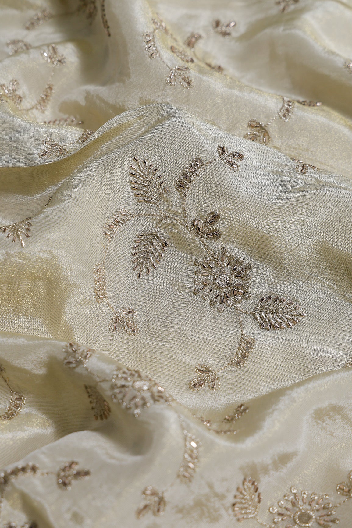 1 Meter Cut Piece Of Gold Sequins And Zari Floral Embroidery Work On Dyeable Pure Viscose Zari Tissue Fabric