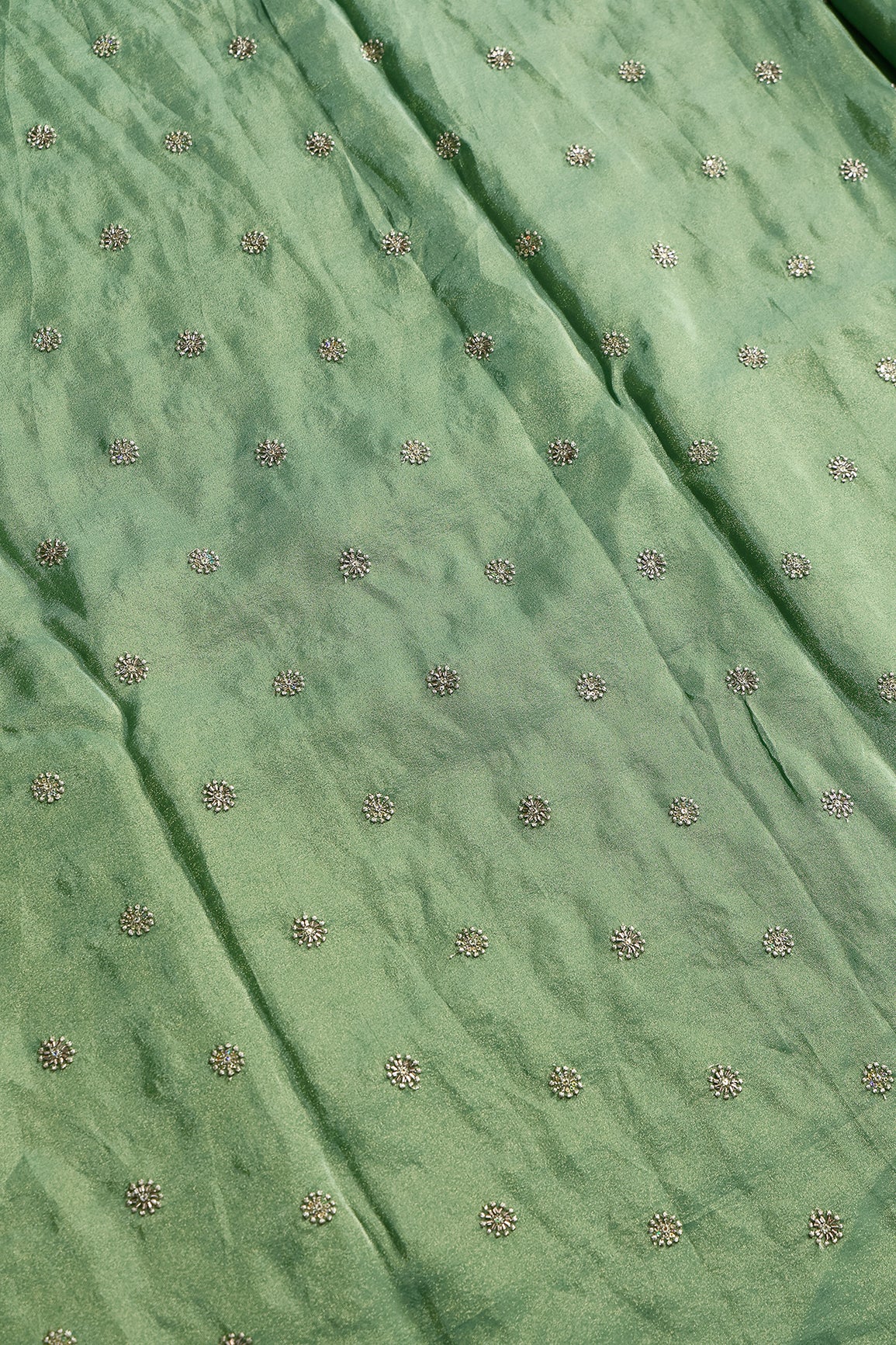Multi Sequins & Beads With Zari Floral Butti Embroidery Work On Olive Viscose Zari Tissue Fabric