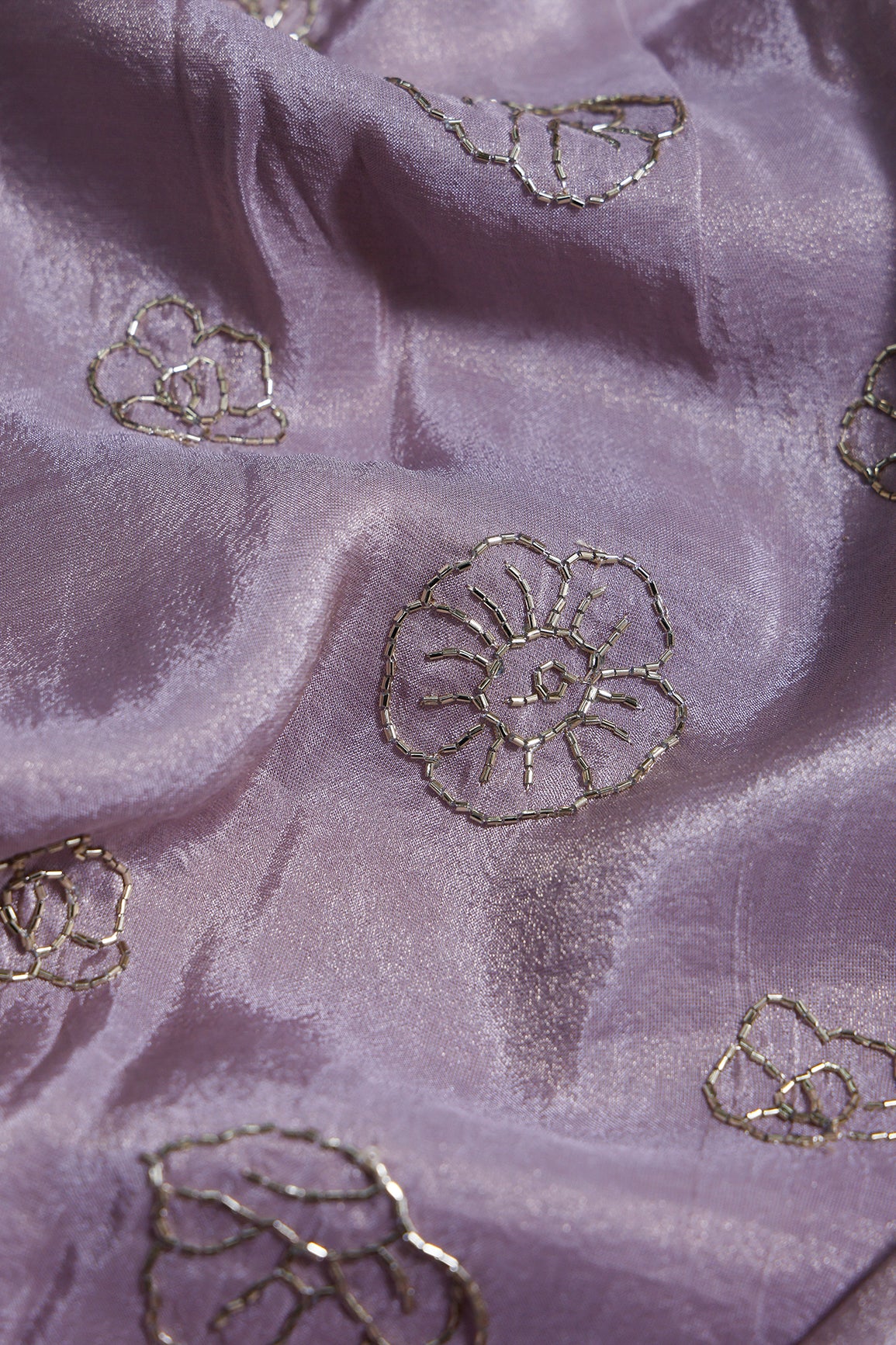 3.50 Meter Cut Piece Of Cut Dana Beads Floral Embroidery Work On Lilac Pure Viscose Zari Tissue Fabric