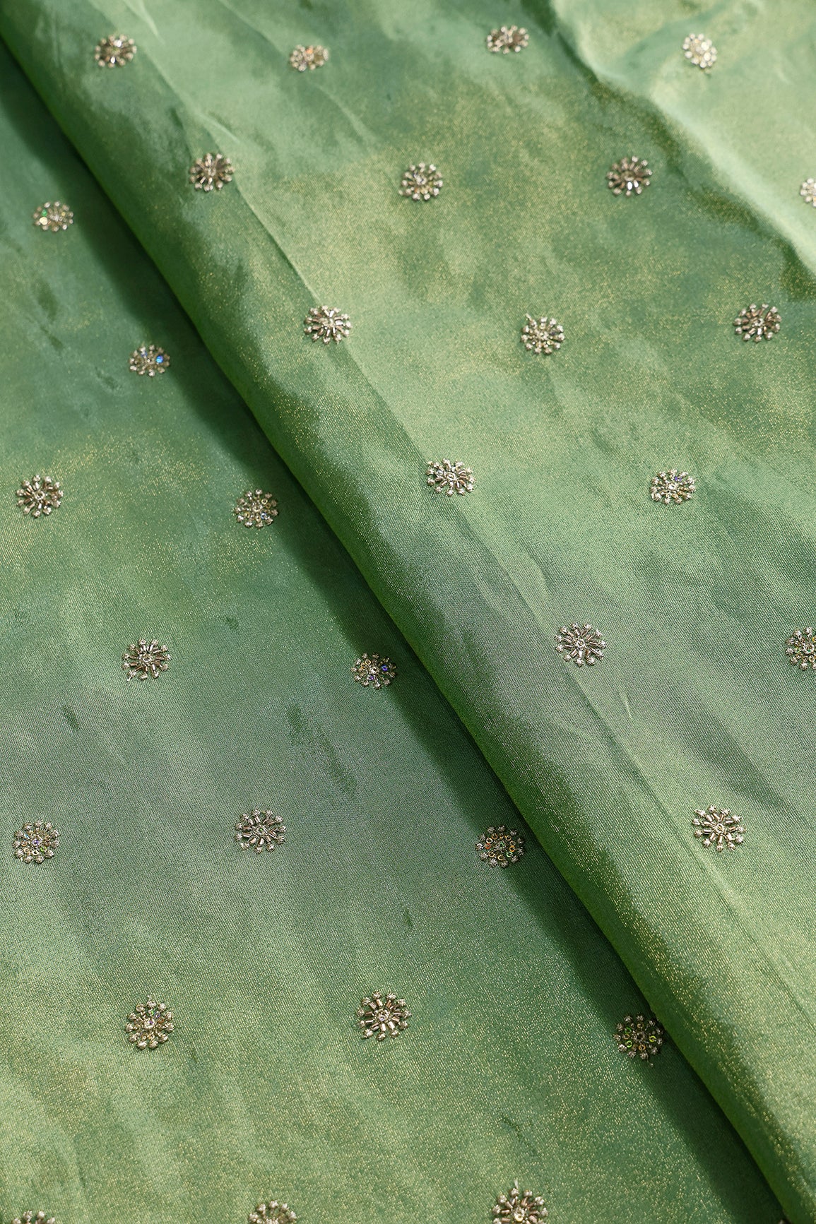 Multi Sequins & Beads With Zari Floral Butti Embroidery Work On Olive Viscose Zari Tissue Fabric