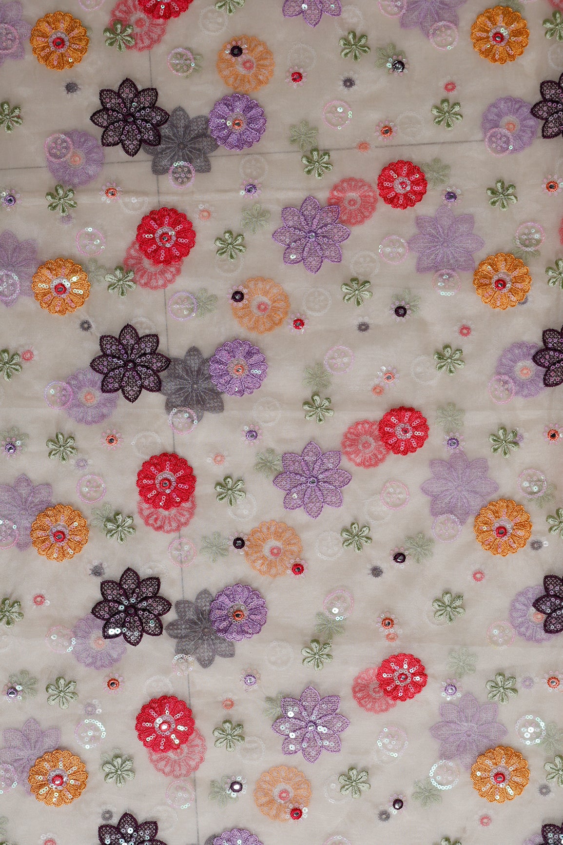 1 Meter Cut Piece Of Exclusive Floral Designer Embroidery With Faux Mirror On Cream Organza Fabric