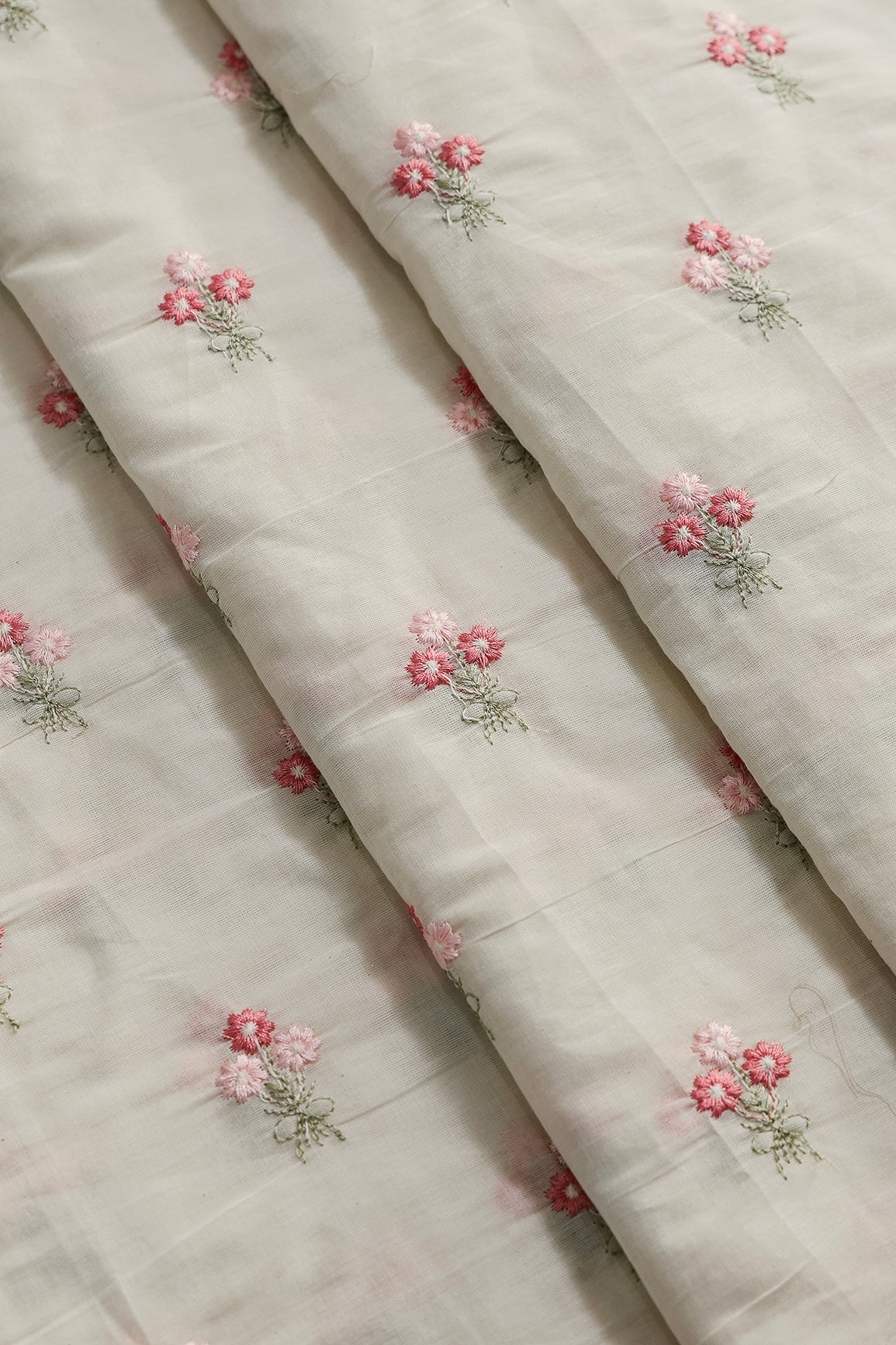 Gajri And Baby Pink Thread Small Floral Embroidery Work On Off White Organic Cotton Fabric