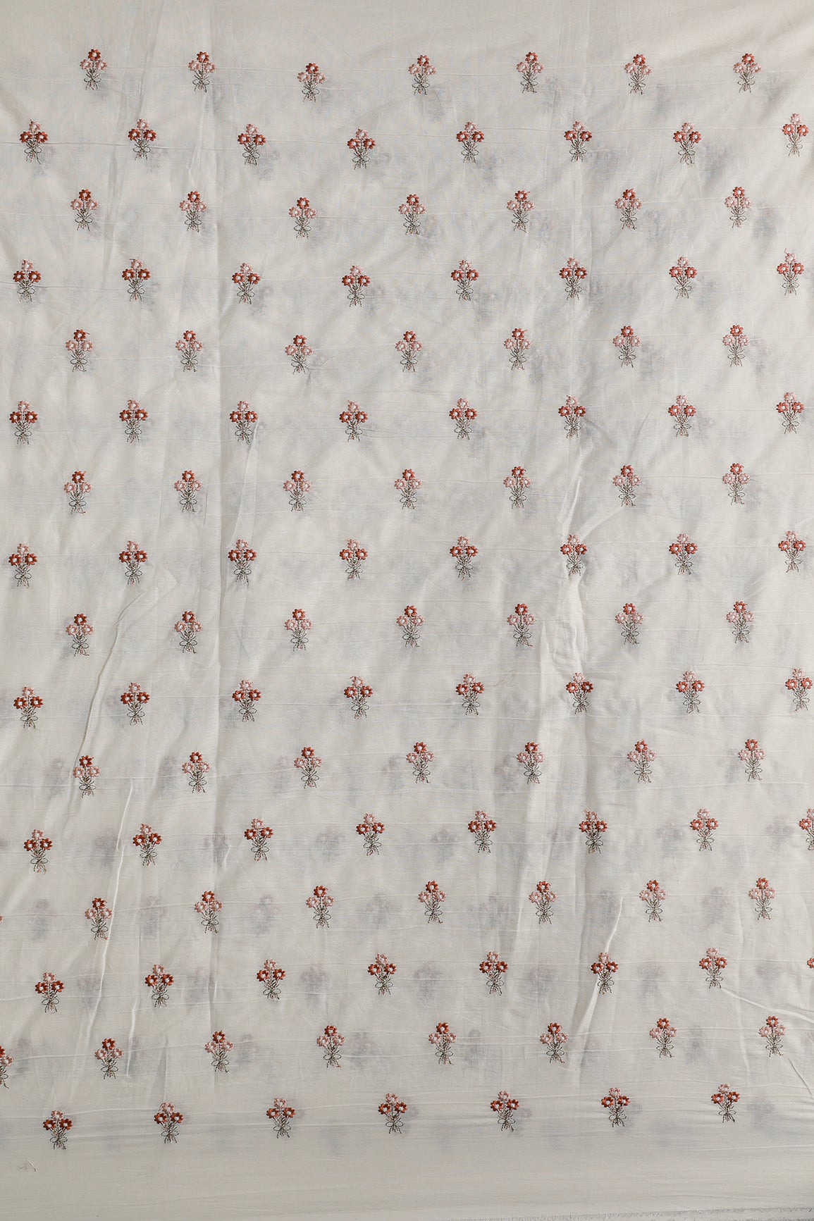 Rust And Peach Thread Small Floral Embroidery Work On Off White Organic Cotton Fabric