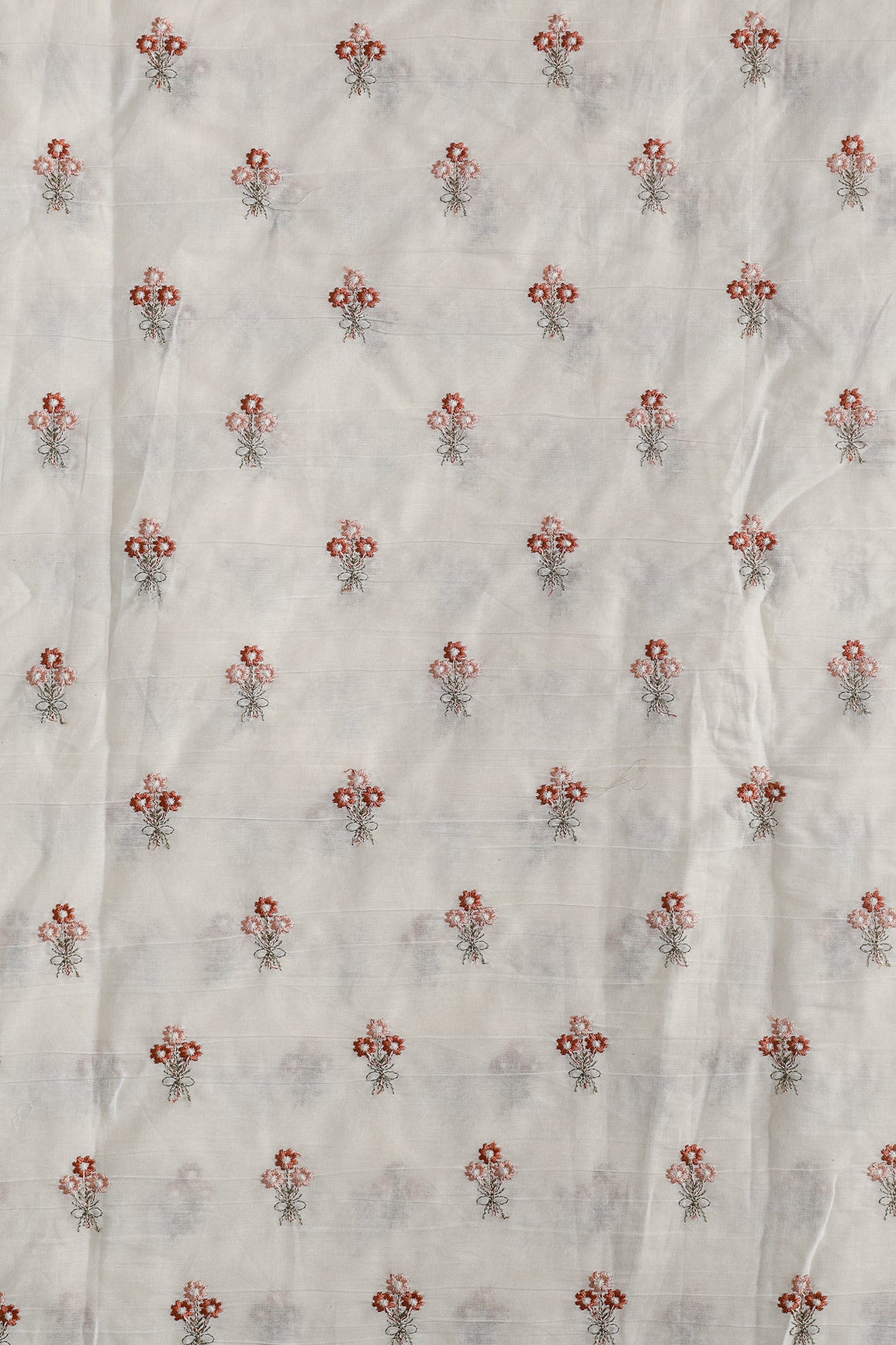 Rust And Peach Thread Small Floral Embroidery Work On Off White Organic Cotton Fabric