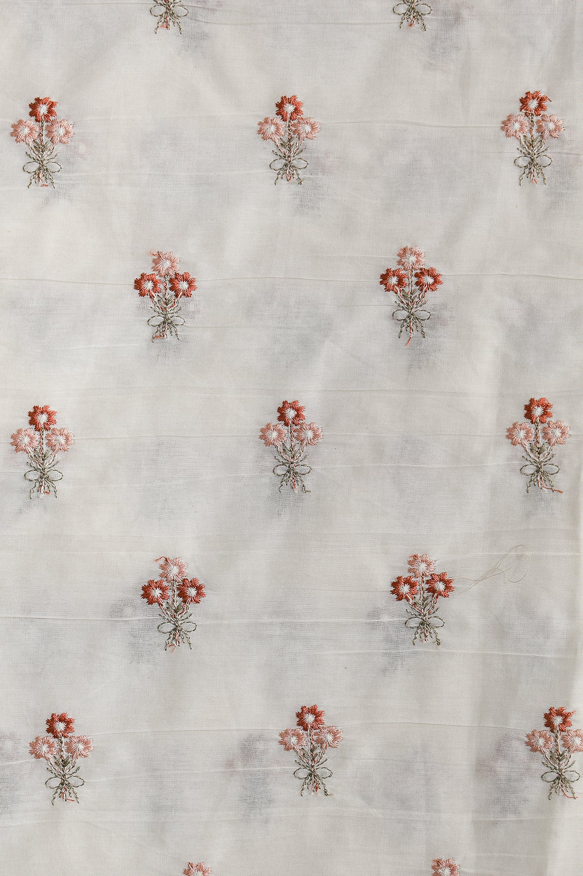 Rust And Peach Thread Small Floral Embroidery Work On Off White Organic Cotton Fabric