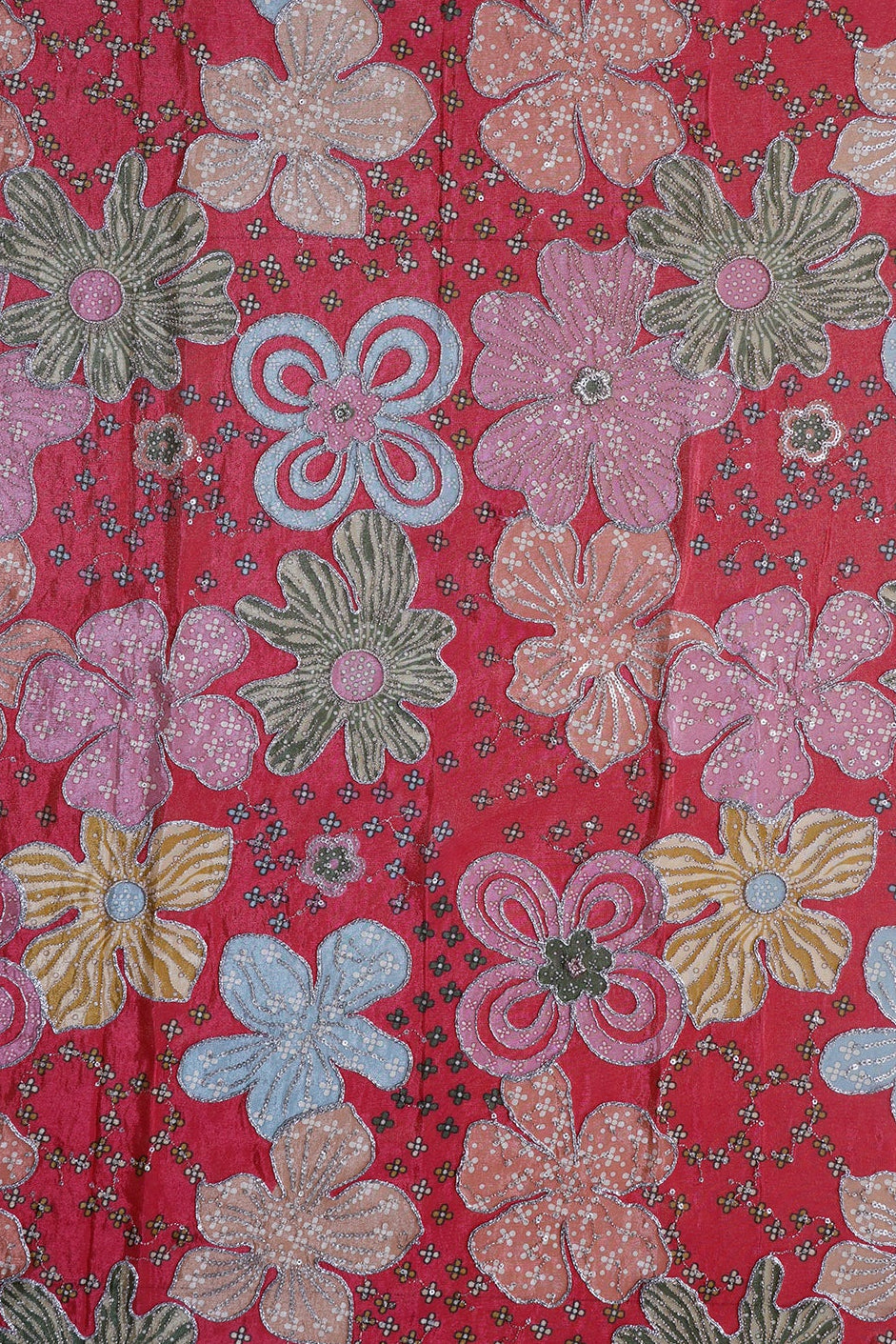 0.75 Meter Cut Piece Of Floral Position Print On Sequins With Zari Embroidery Red Viscose Zari Tissue Fabric