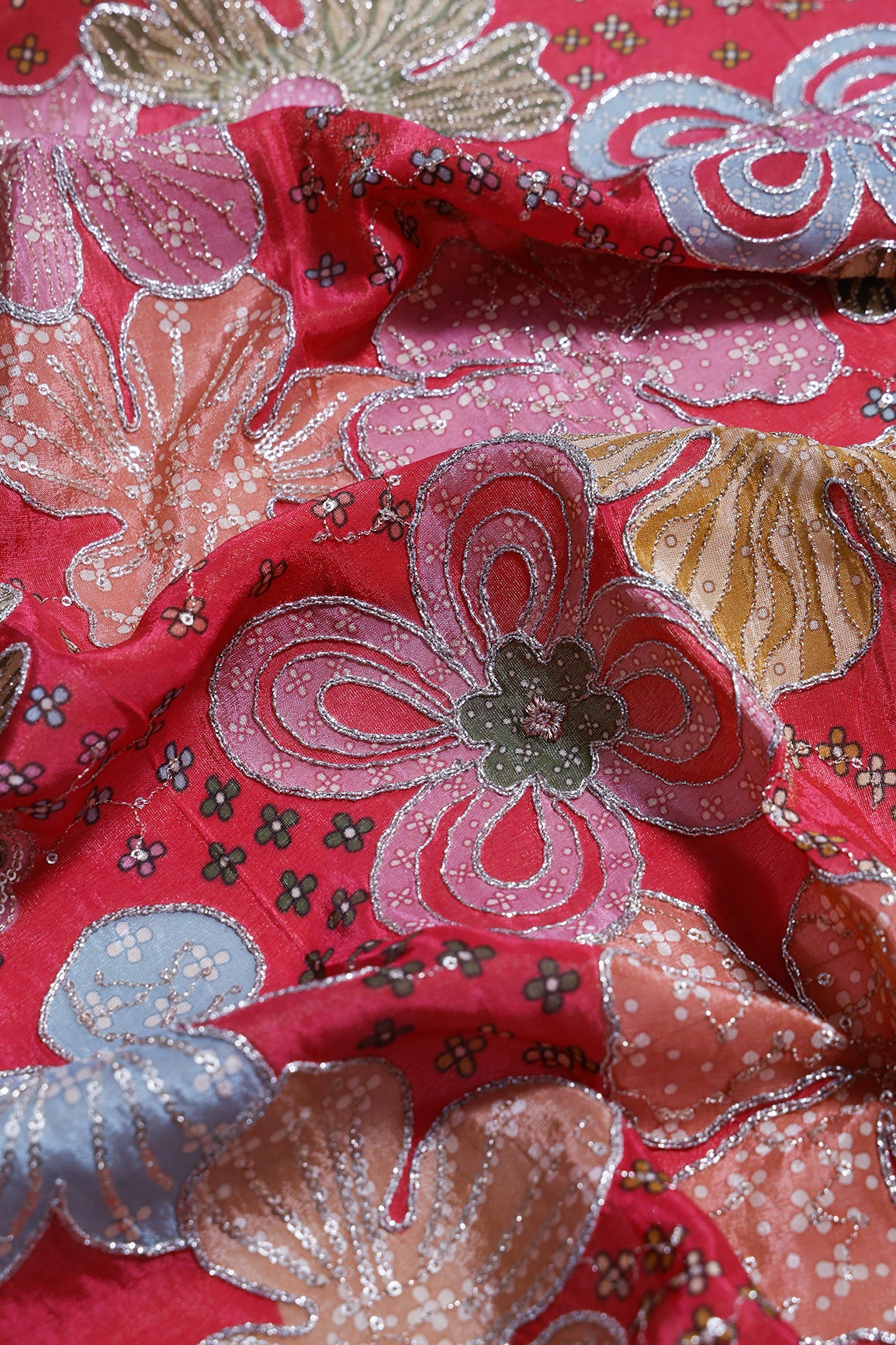 0.75 Meter Cut Piece Of Floral Position Print On Sequins With Zari Embroidery Red Viscose Zari Tissue Fabric