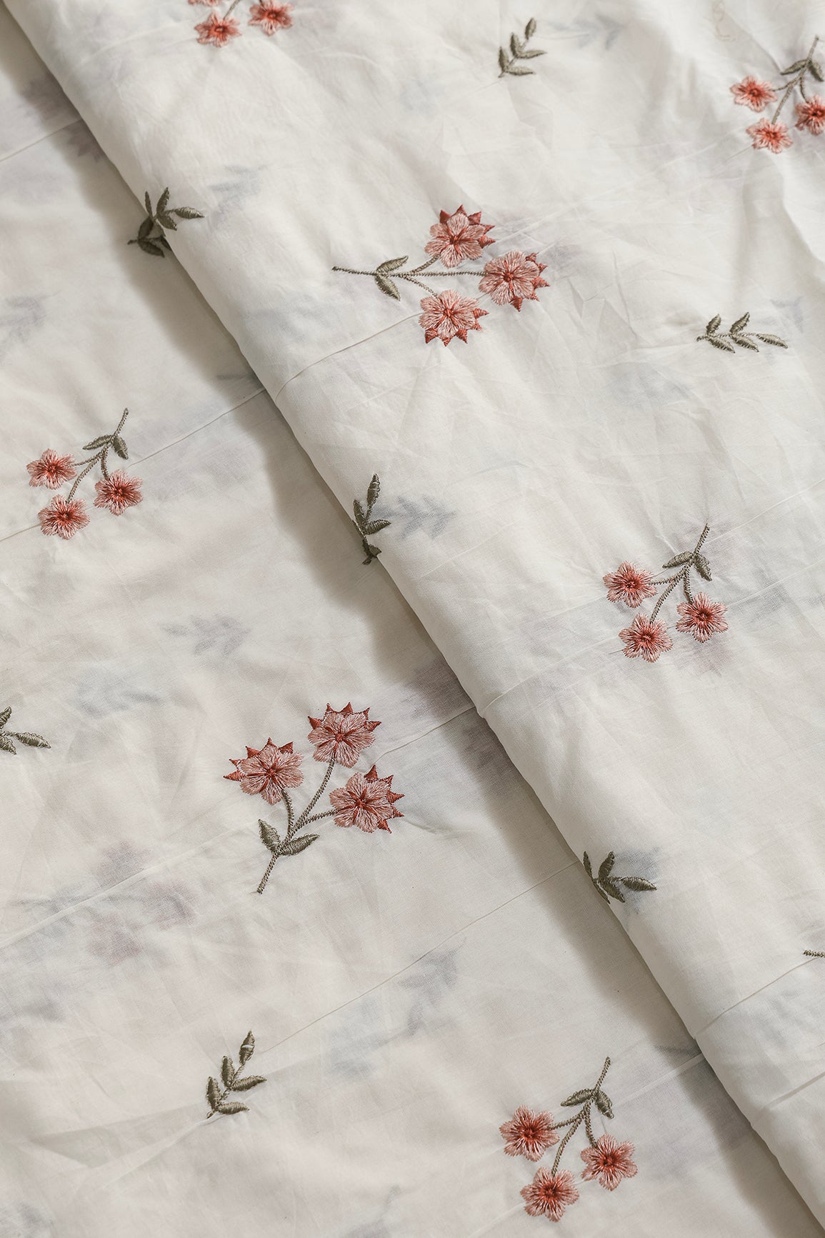 Rust And Peach Thread Beautiful Floral Embroidery Work On Off White Organic Cotton Fabric