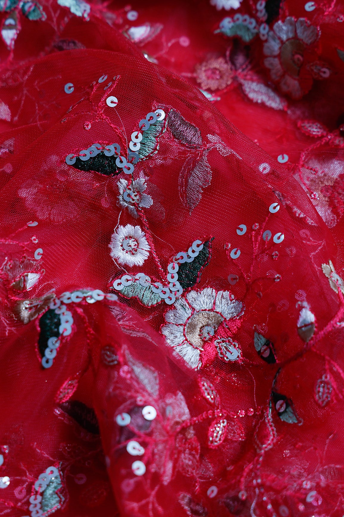 1.75 Meter Cut Piece Of White And Red Thread With Gold Sequins Floral Embroidery Work On Cherry Red Soft Net Fabric