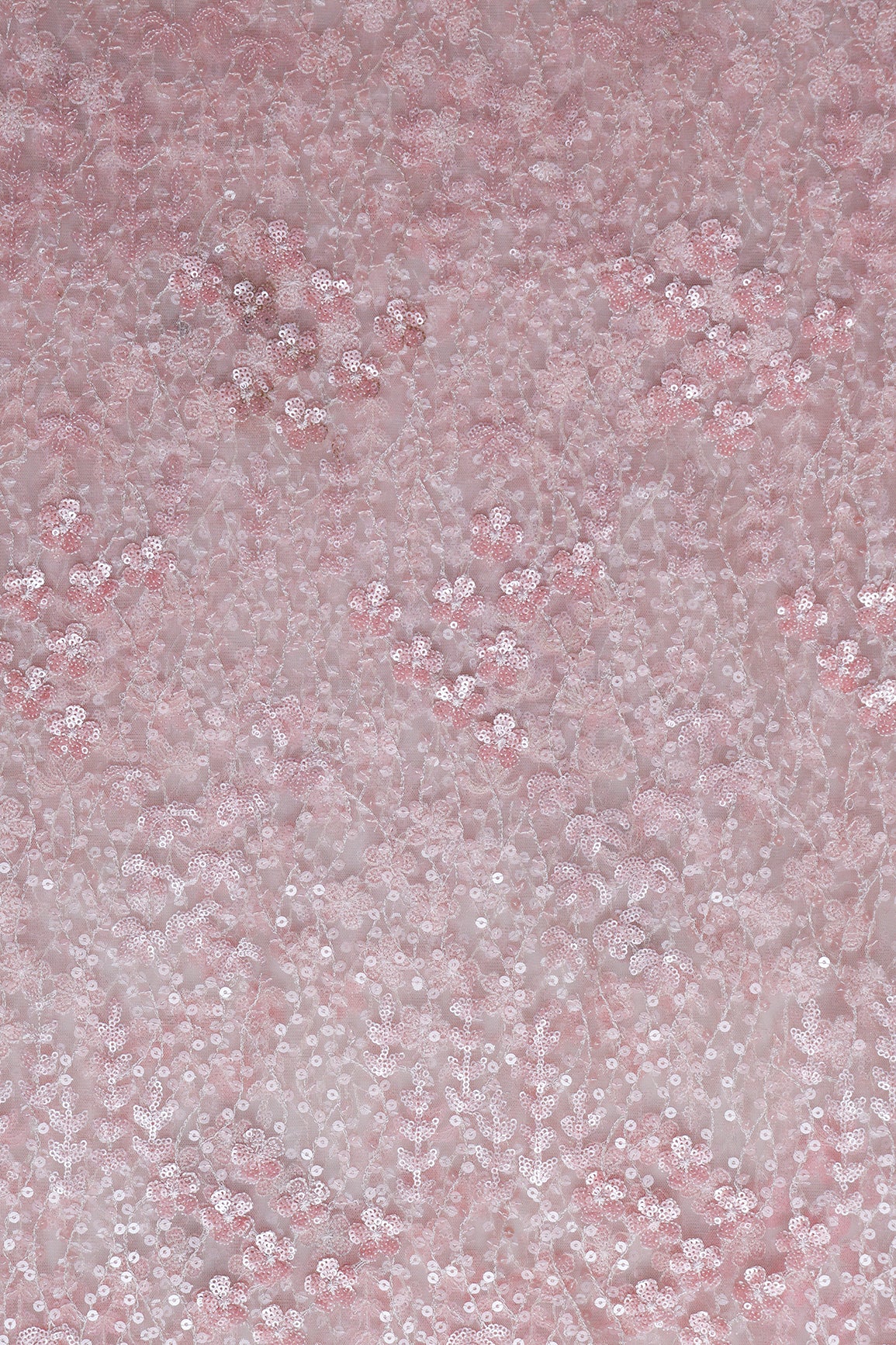 2.50 Meter Cut Piece Of Cream Thread With Peach Sequins Floral Embroidery Work On Cream Soft Net Fabric