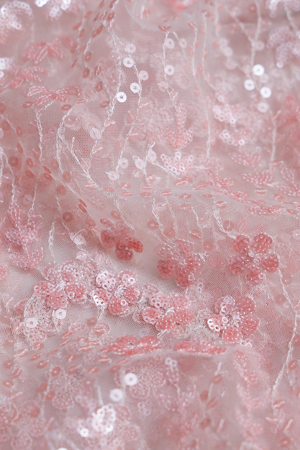 2.50 Meter Cut Piece Of Cream Thread With Peach Sequins Floral Embroidery Work On Cream Soft Net Fabric