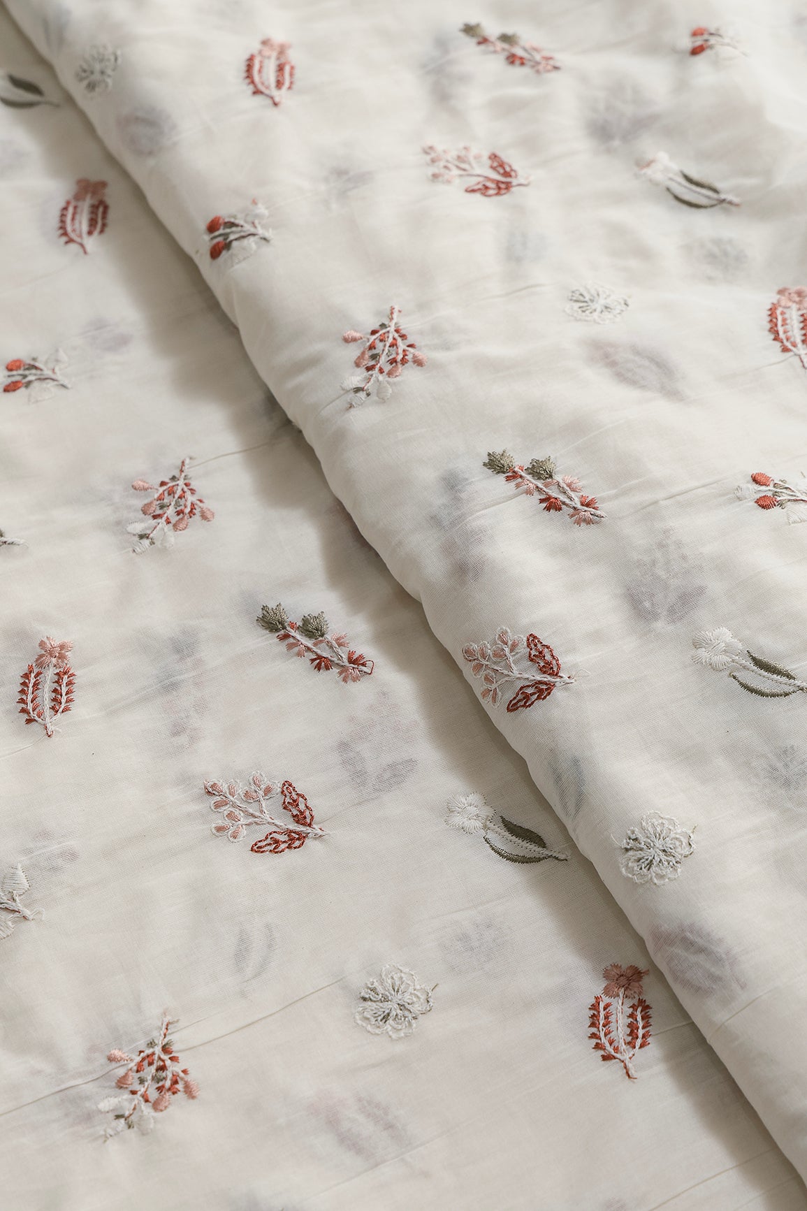 Beautiful Multi Thread Leafy Embroidery Work On Off White Organic Cotton Fabric