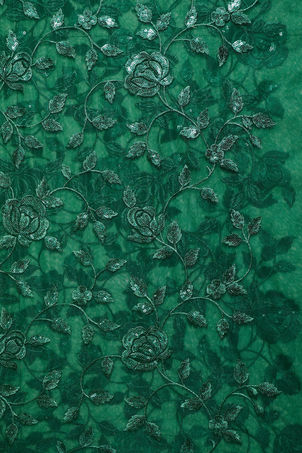 2 Meter Cut Piece Of Gorgeous Bottle Green Thread With Sequins Floral Leafy Embroidery On Bottle Green Soft Net Fabric