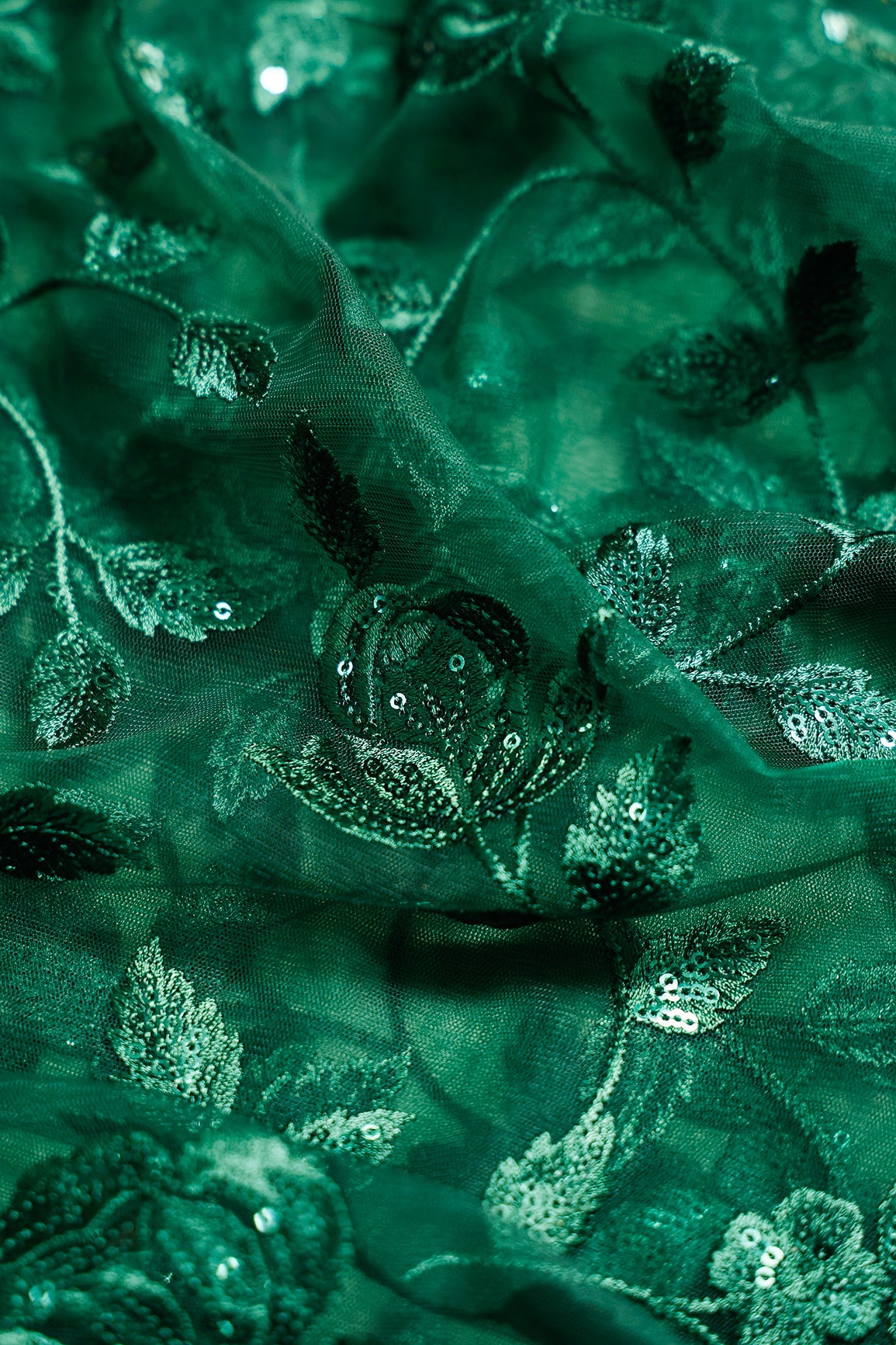 2 Meter Cut Piece Of Gorgeous Bottle Green Thread With Sequins Floral Leafy Embroidery On Bottle Green Soft Net Fabric