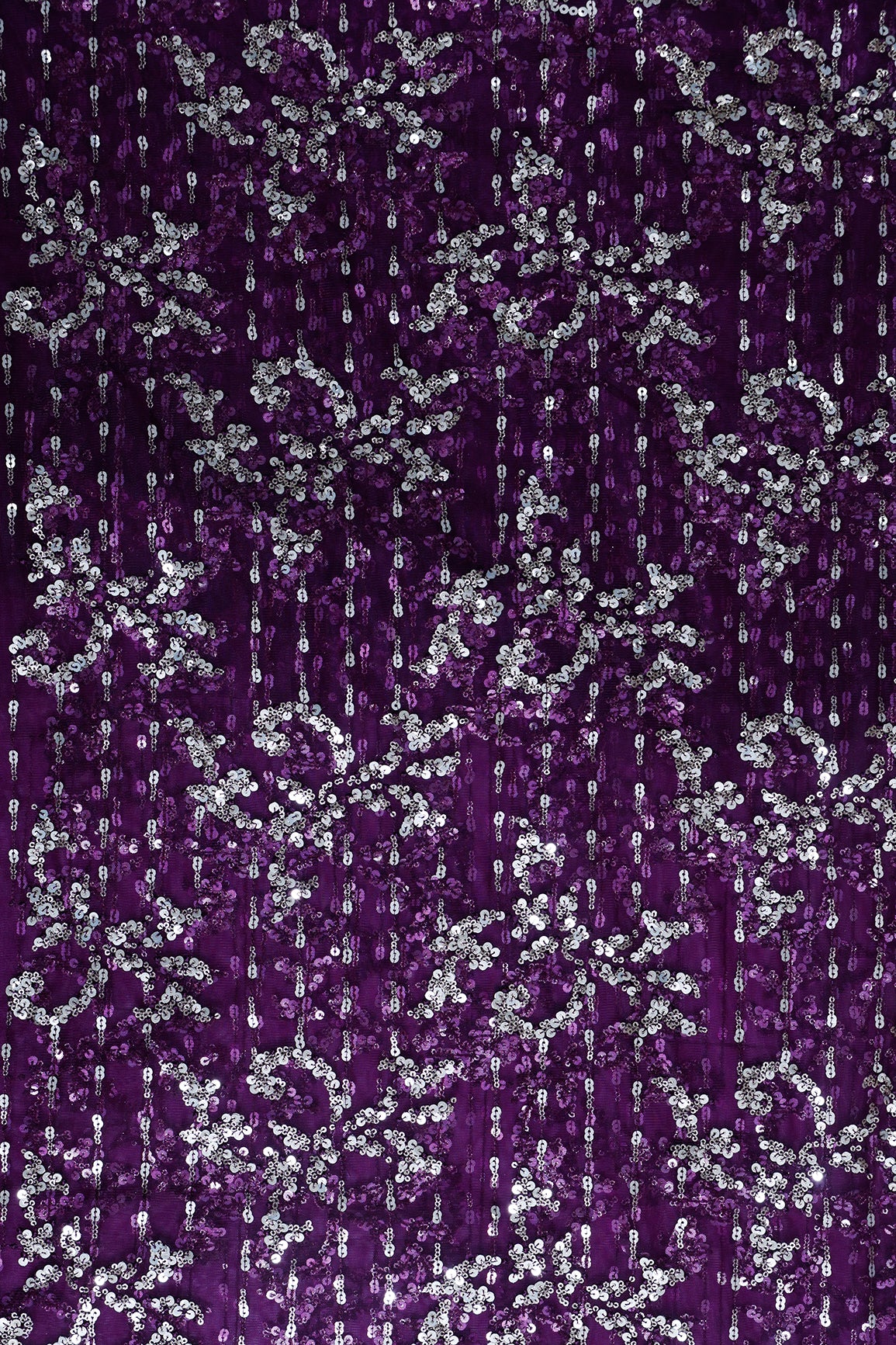 2.50 Meter Cut Piece Of Gold And Silver Sequins With Wine Thread Abstract Embroidery Work On Wine Soft Net Fabric