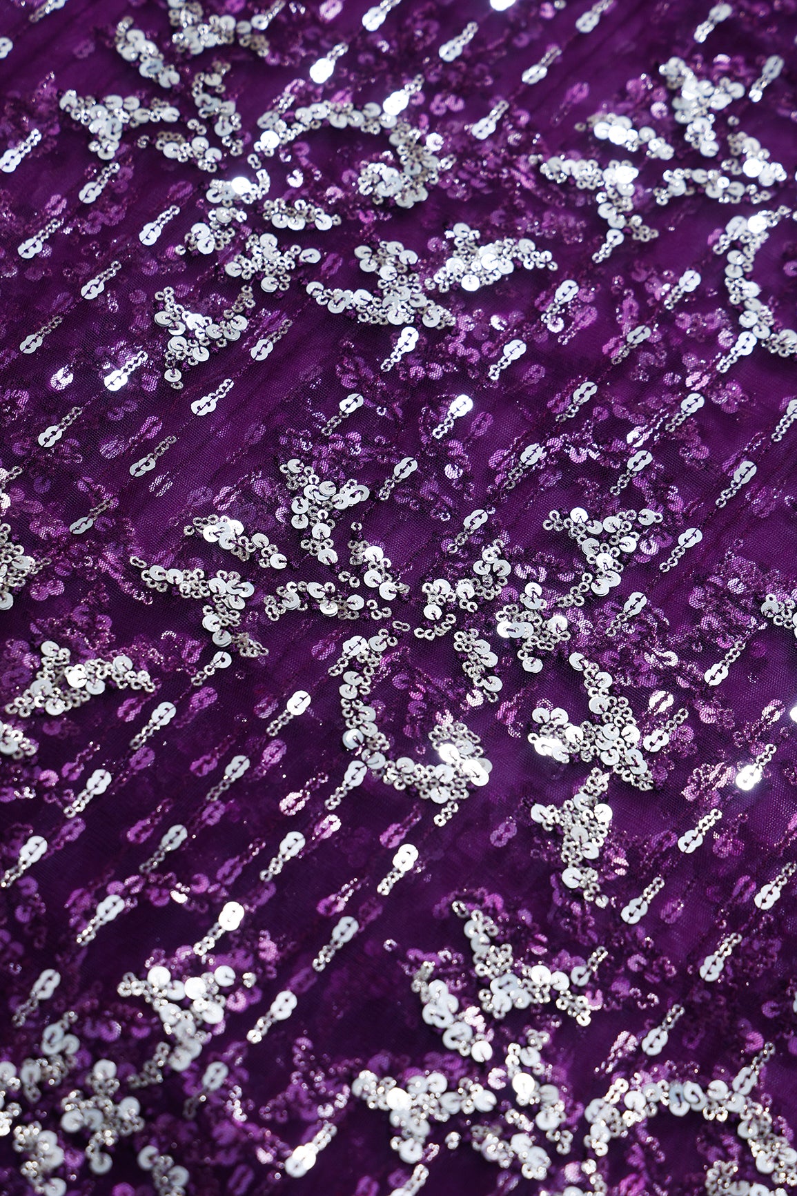 1 Meter Cut Piece Of Gold And Silver Sequins With Wine Thread Abstract Embroidery Work On Wine Soft Net Fabric