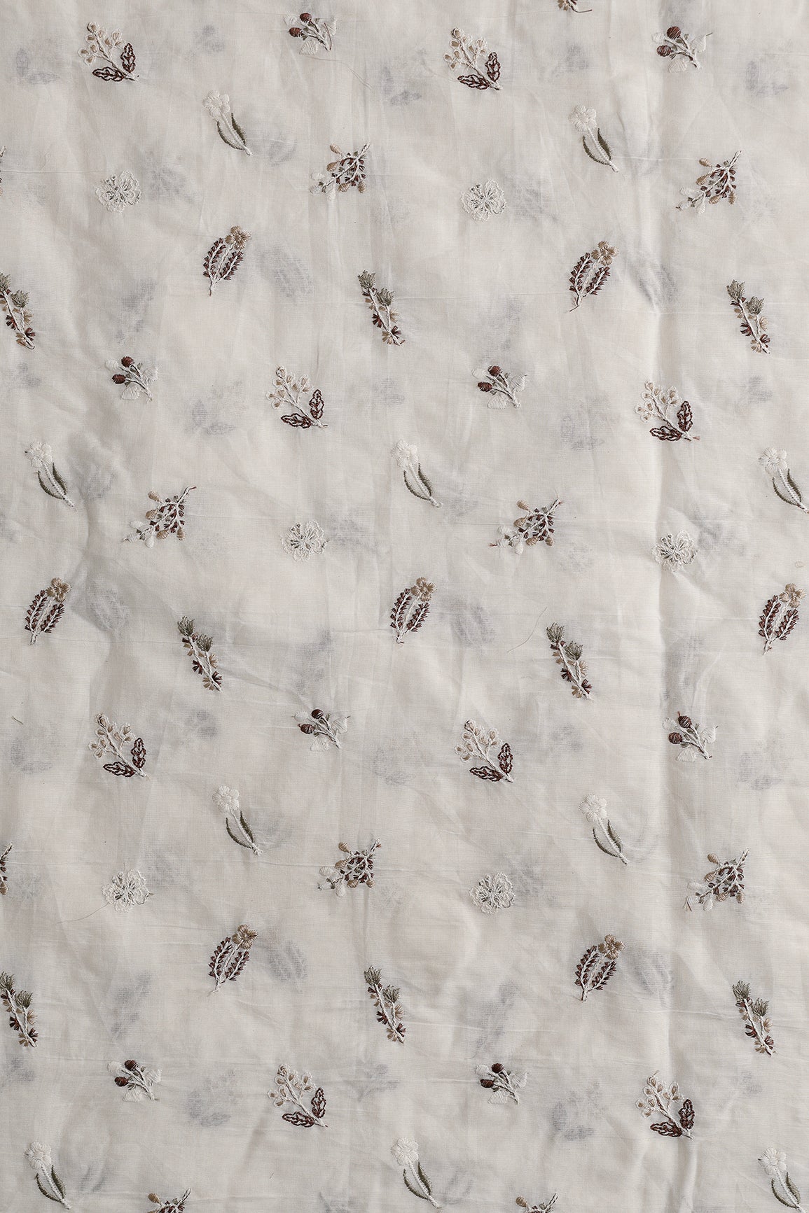 Beautiful Multi Thread Leafy Embroidery Work On Off White Organic Cotton Fabric