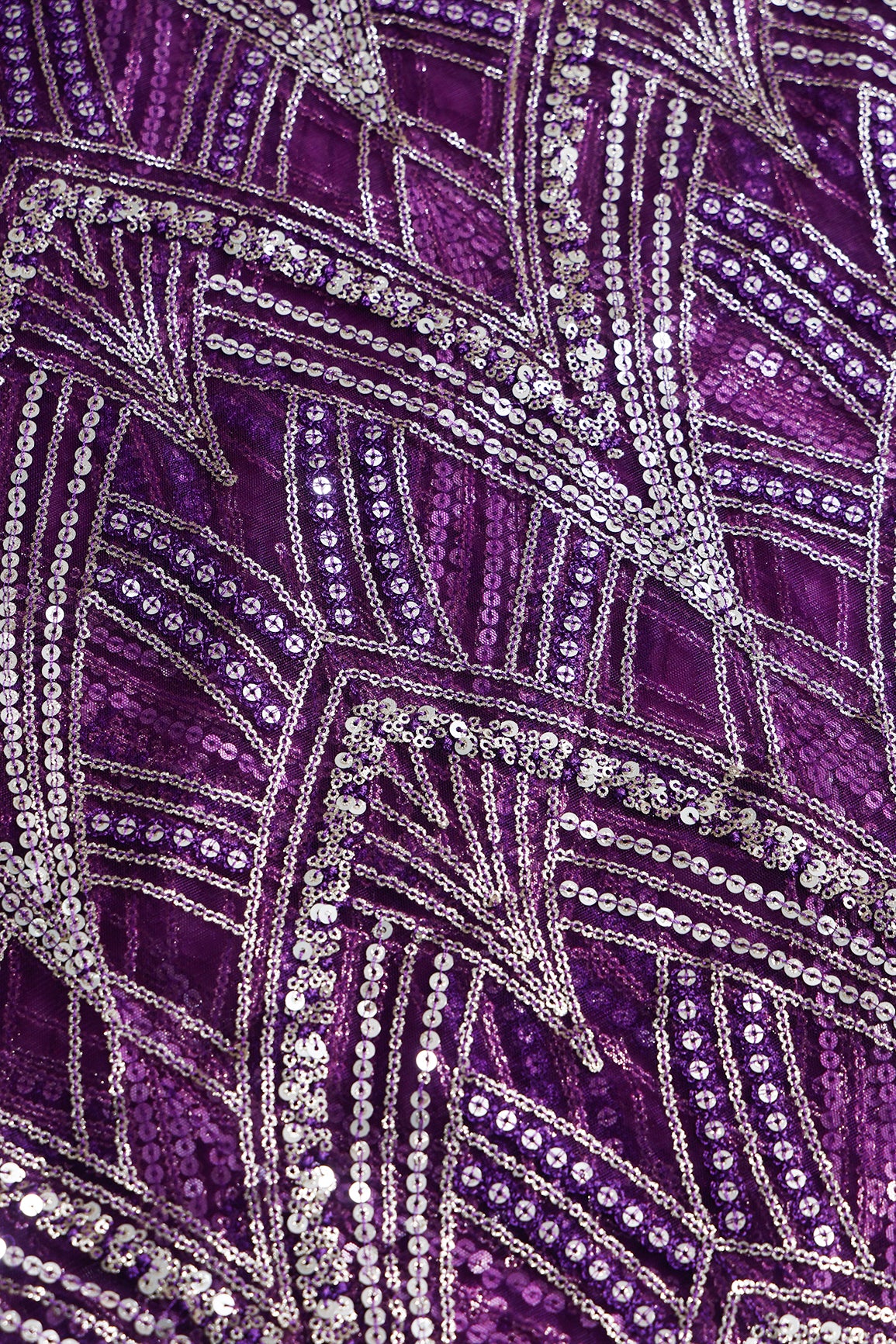 1 Meter Cut Piece Of Purple Thread With Gold Sequins Geometric Embroidery Work On Purple Soft Net Fabric