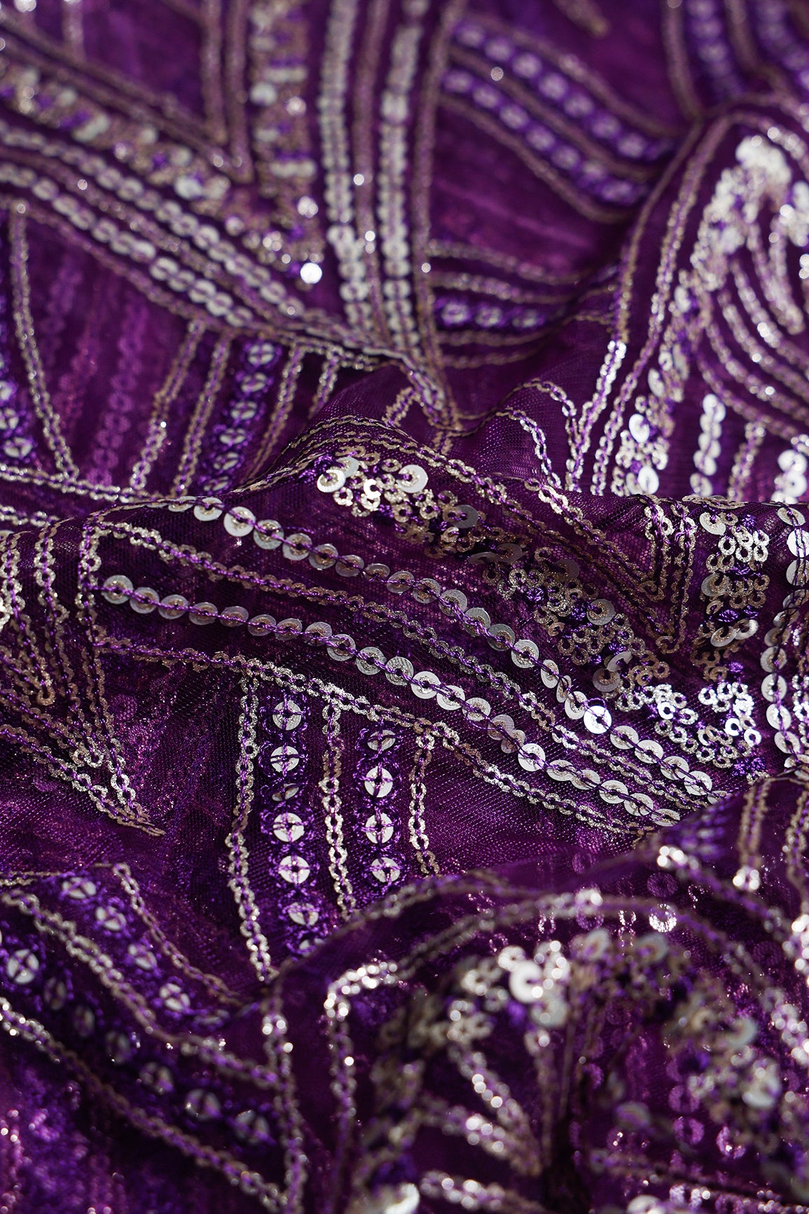 1 Meter Cut Piece Of Purple Thread With Gold Sequins Geometric Embroidery Work On Purple Soft Net Fabric