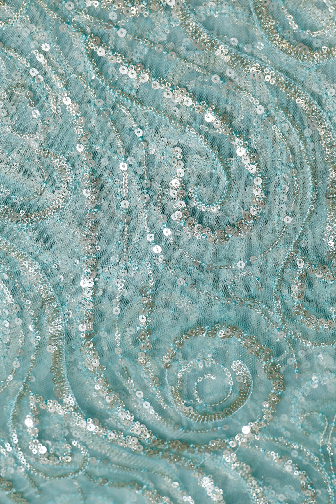 2.25 Meter Cut Piece Of Gorgeous Multi Sequins Geometric Embroidery On Light Sky Blue Soft Net Fabric
