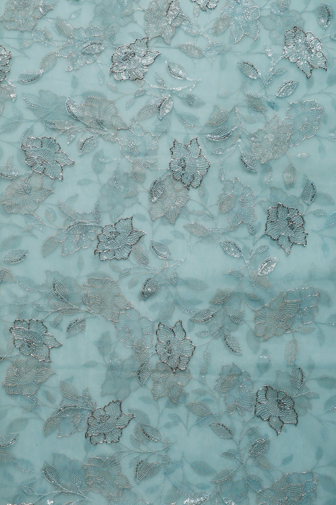 1.50 Meter Cut Piece Of Pastel Blue Thread & Beads With Water Sequins Floral Embroidery Work On Pastel Blue Soft Net Fabric