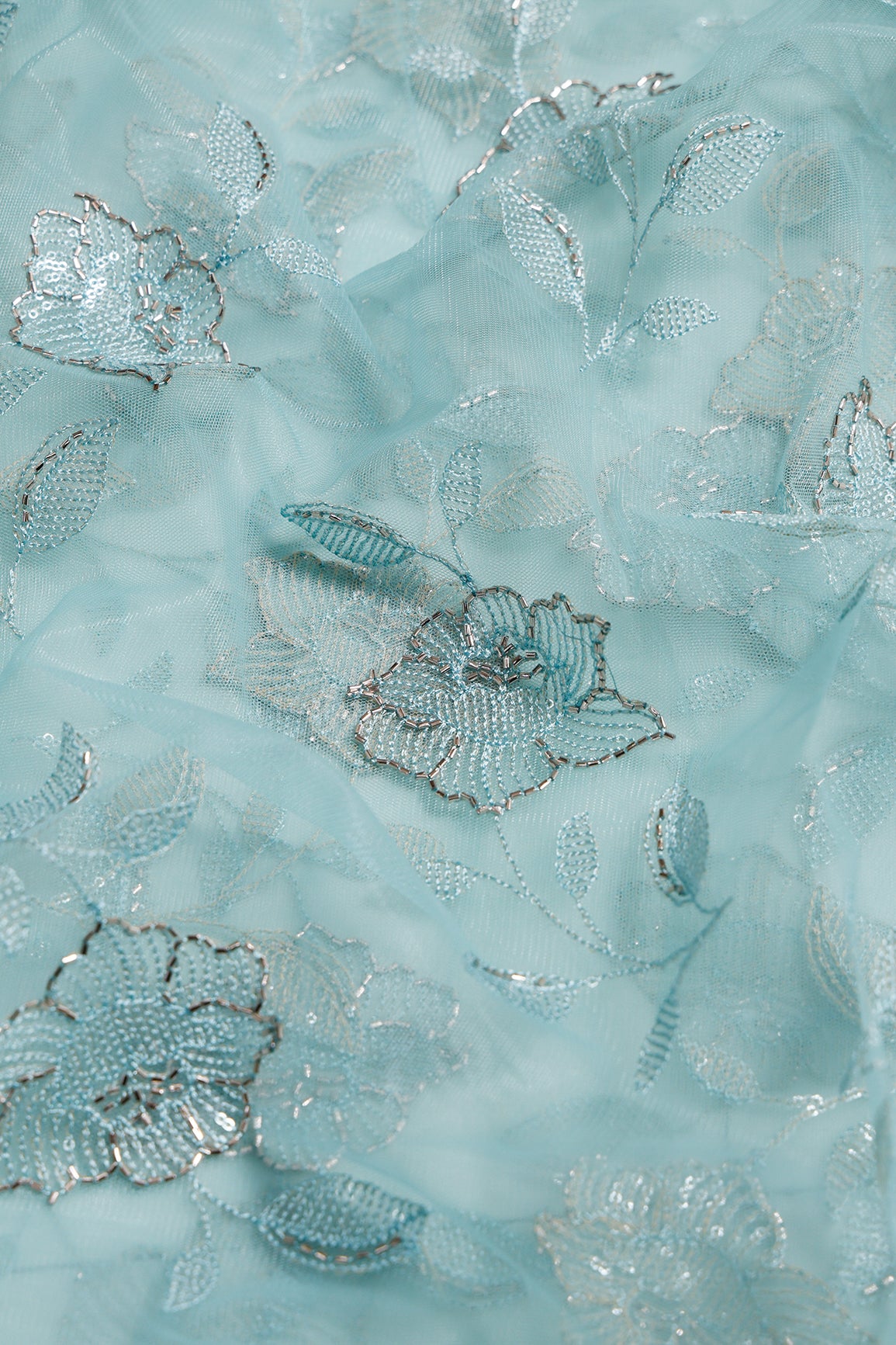 1.50 Meter Cut Piece Of Pastel Blue Thread & Beads With Water Sequins Floral Embroidery Work On Pastel Blue Soft Net Fabric