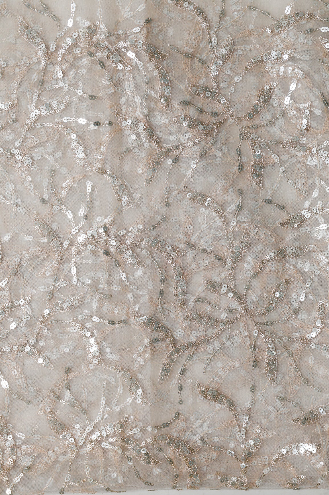 1.50 Meter Cut Piece Of Gold And Silver Sequins Leafy Floral Embroidery On Light Beige Soft Net Fabric