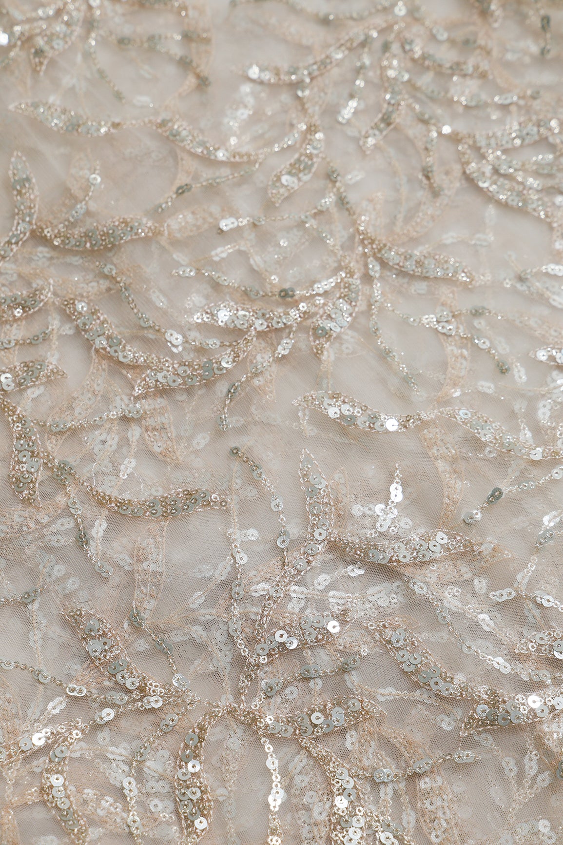 1.50 Meter Cut Piece Of Gold And Silver Sequins Leafy Floral Embroidery On Light Beige Soft Net Fabric