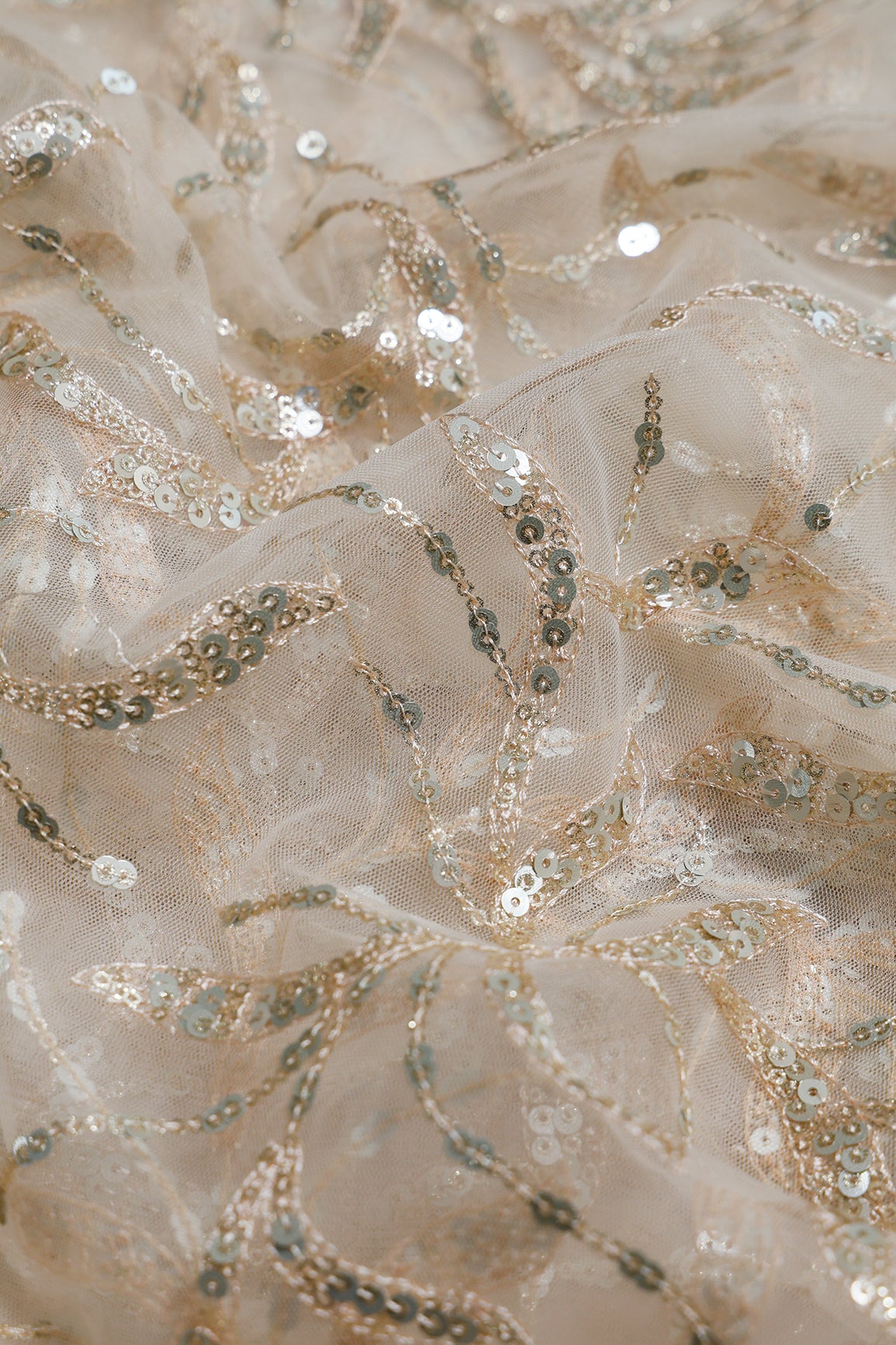 1.50 Meter Cut Piece Of Gold And Silver Sequins Leafy Floral Embroidery On Light Beige Soft Net Fabric