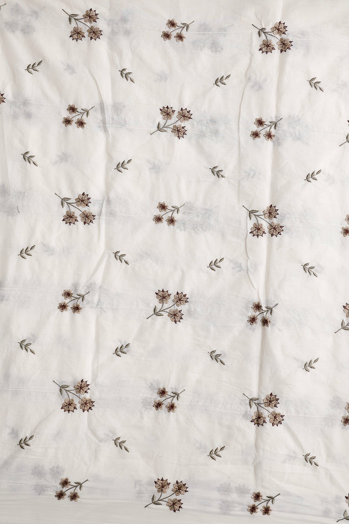 Coffee And Beige Thread Beautiful Floral Embroidery Work On Off White Organic Cotton Fabric
