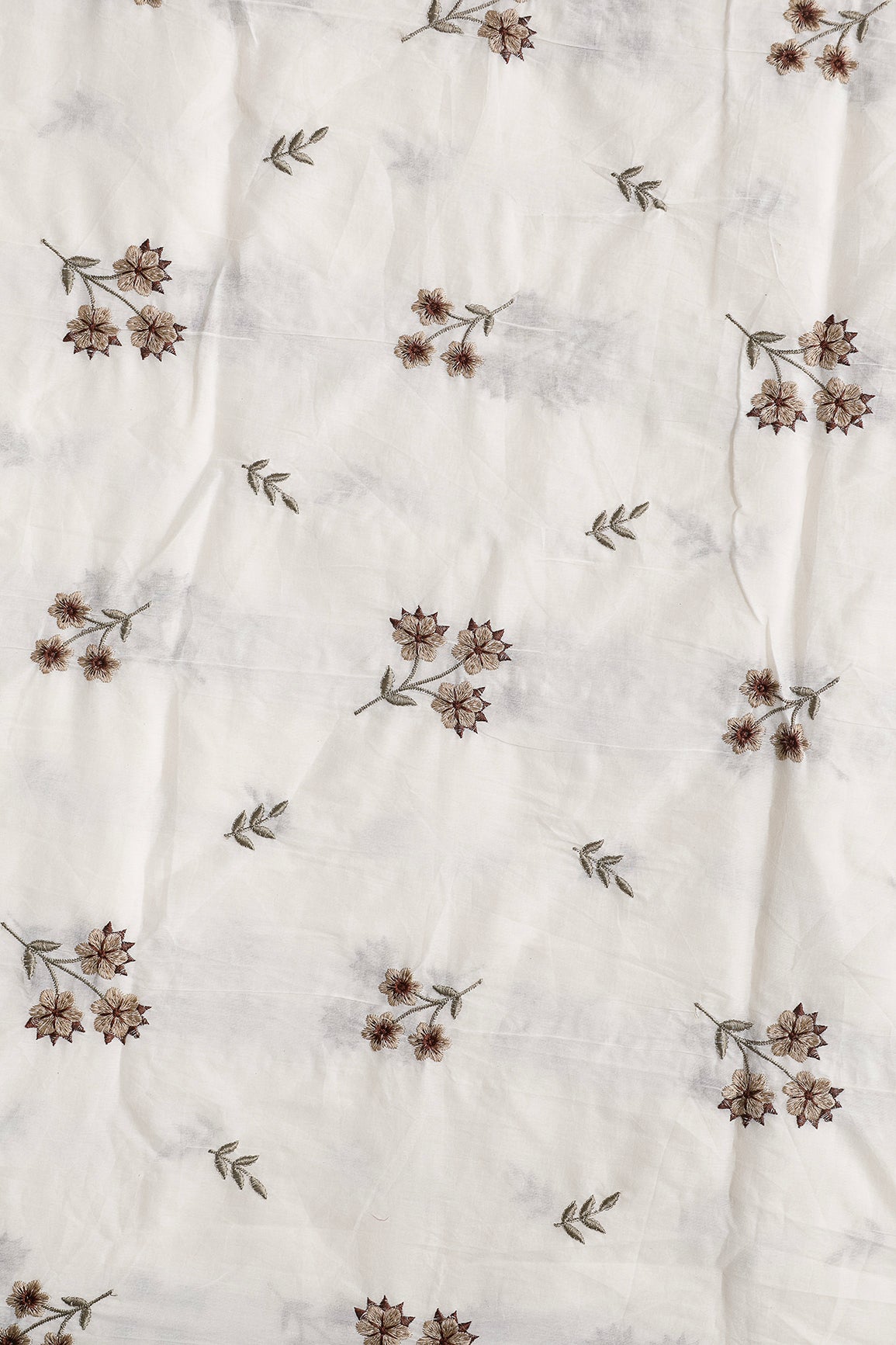 Coffee And Beige Thread Beautiful Floral Embroidery Work On Off White Organic Cotton Fabric