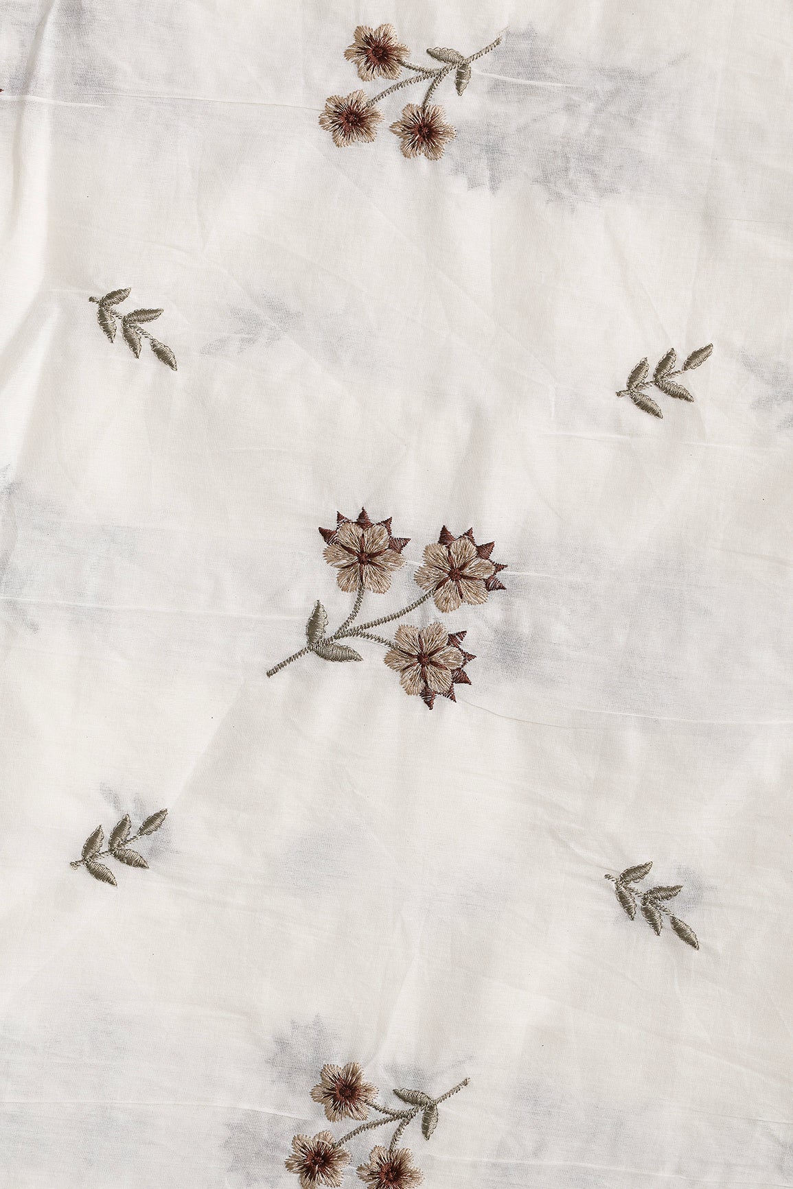 Coffee And Beige Thread Beautiful Floral Embroidery Work On Off White Organic Cotton Fabric