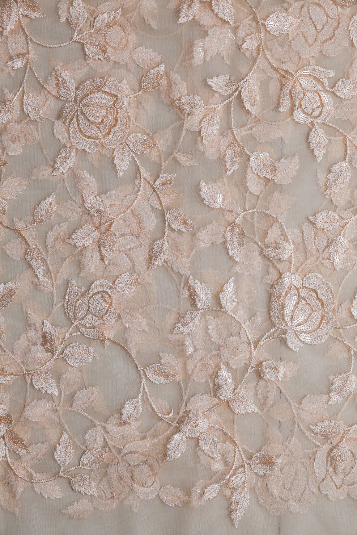 1 Meter Cut Piece Of Gorgeous Light Peach Thread With Sequins Floral Leafy Embroidery On Light Peach Soft Net Fabric