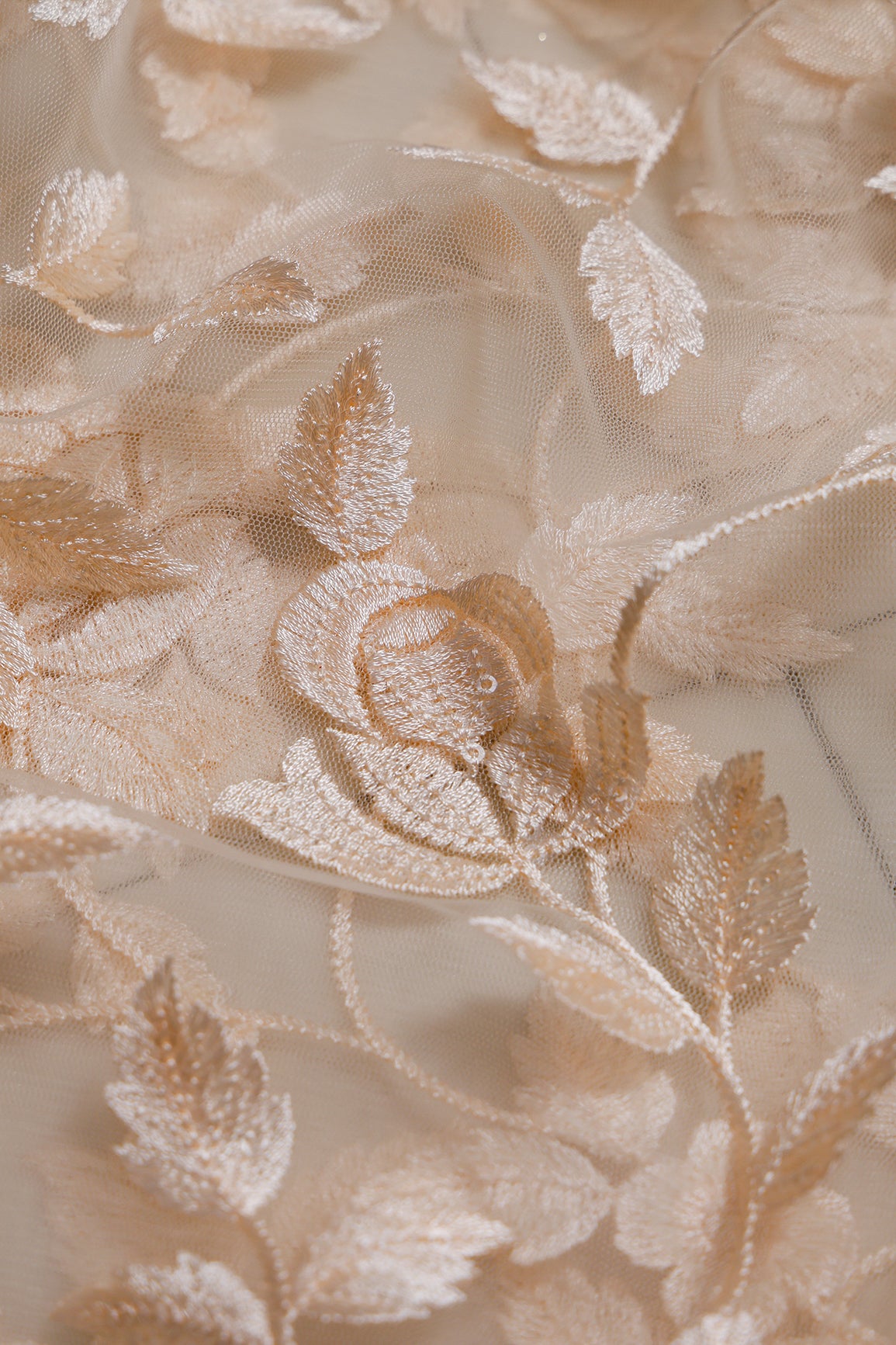 1 Meter Cut Piece Of Gorgeous Light Peach Thread With Sequins Floral Leafy Embroidery On Light Peach Soft Net Fabric