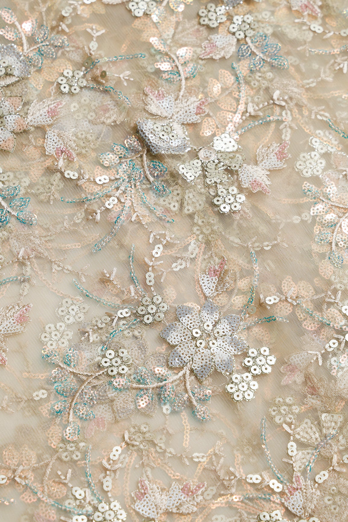 1.50 Meter Cut Piece Of Gold Sequins With Beige Thread Floral Embroidery Work On Beige Soft Net Fabric