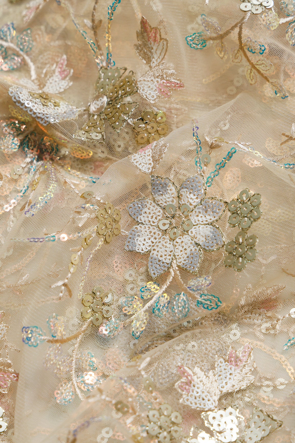 1.50 Meter Cut Piece Of Gold Sequins With Beige Thread Floral Embroidery Work On Beige Soft Net Fabric